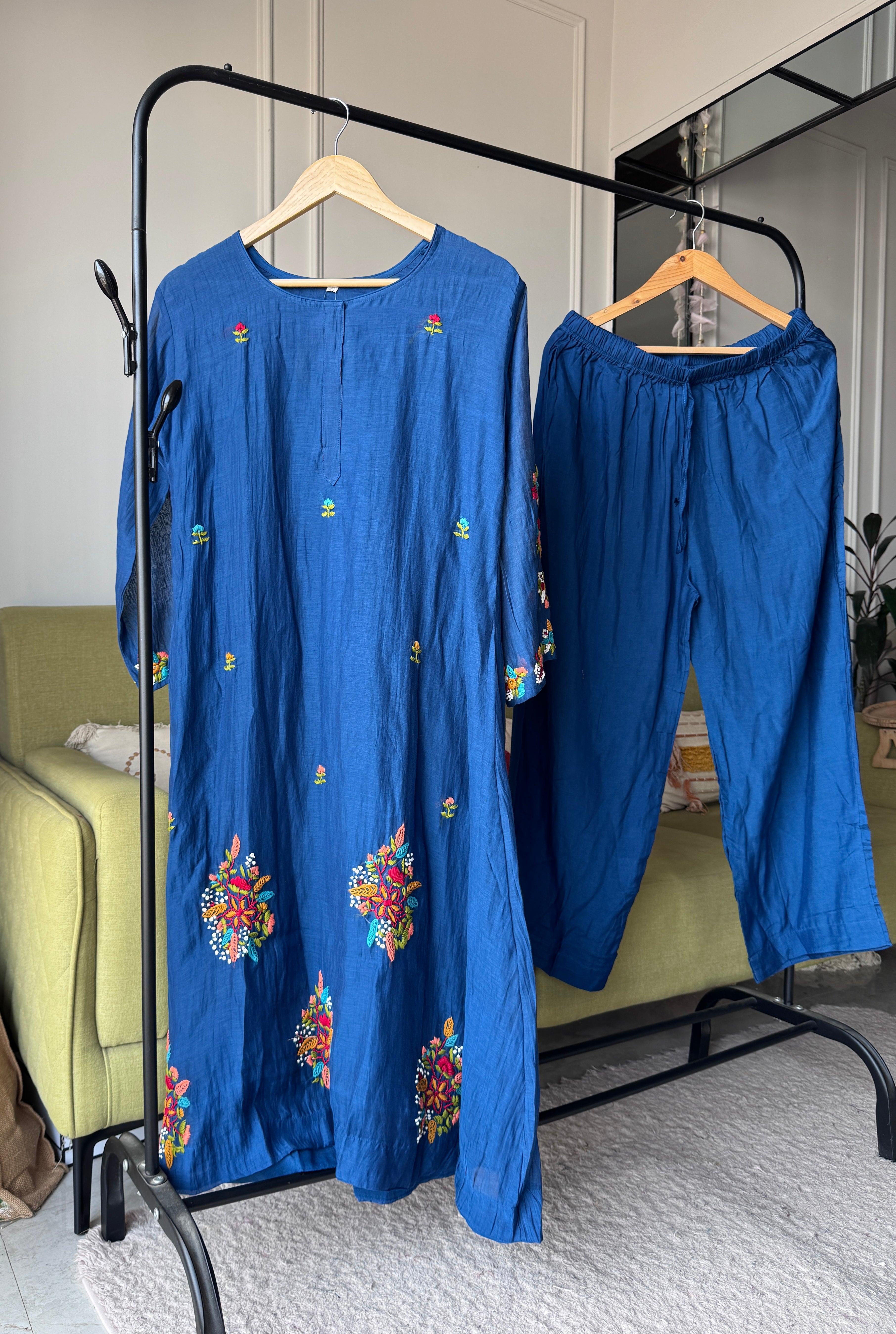 Parul Embroided Mul Chanderi Dress- Blue