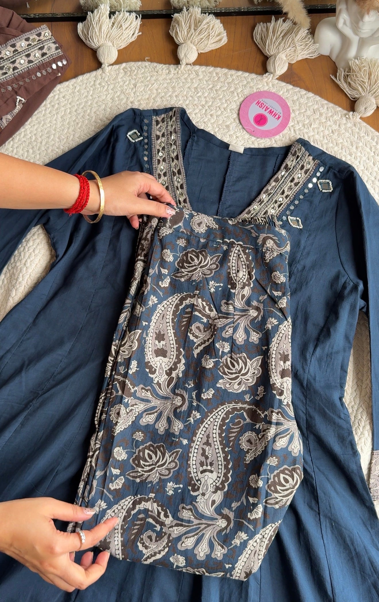 Gauri V Neck Anarkali Dress-Blue