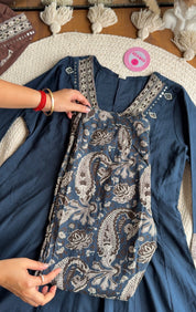 Gauri V Neck Anarkali Dress-Blue