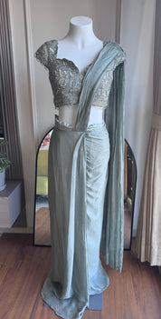 Anjali Handwork Drape Saree Set- Mint Green