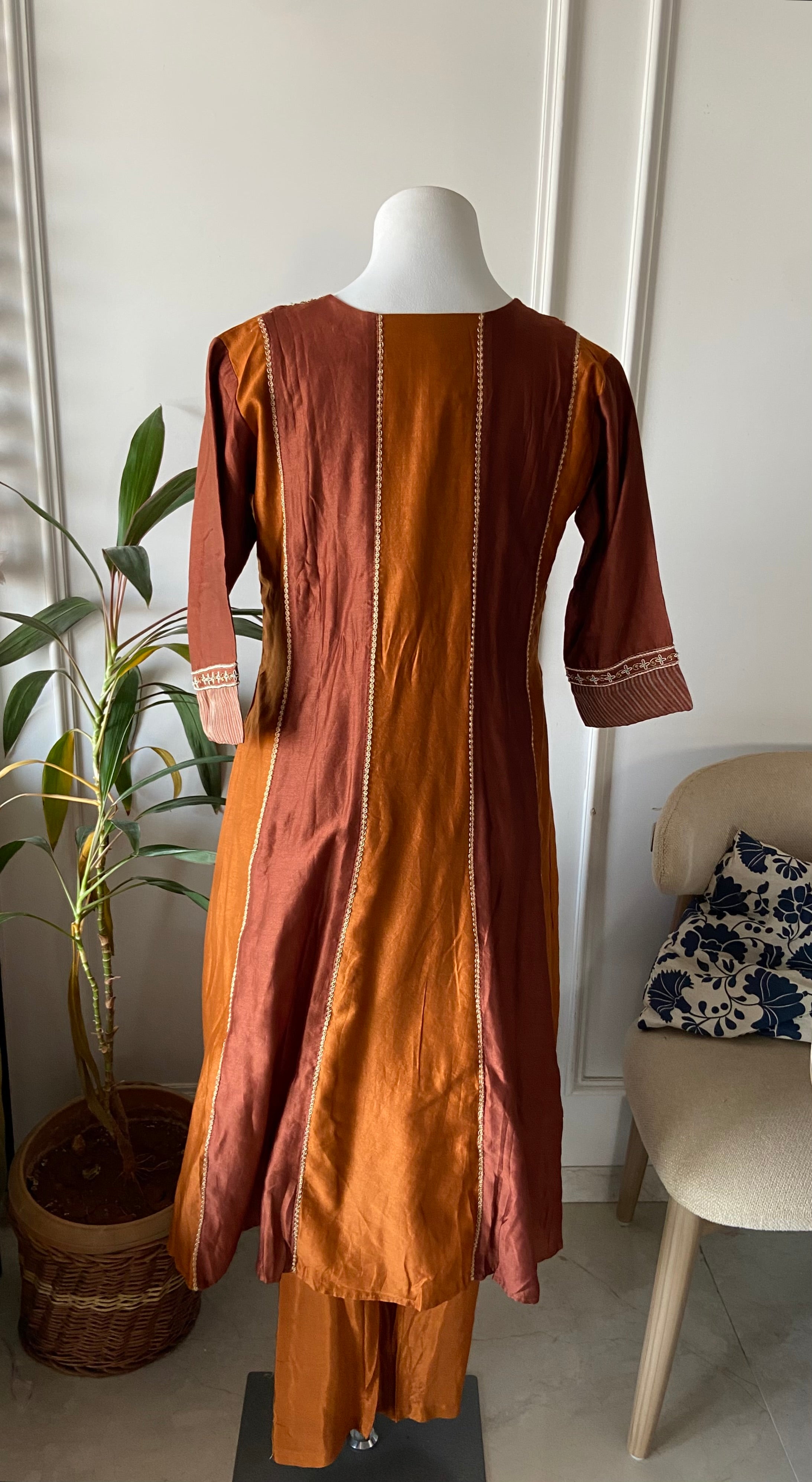 Esha Handwork Mul Chanderi Dress- Brown