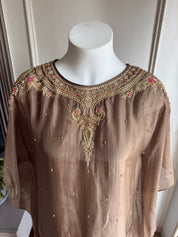 Malvika hand work jardozi kaftan short kurta with dhoti - Bronze