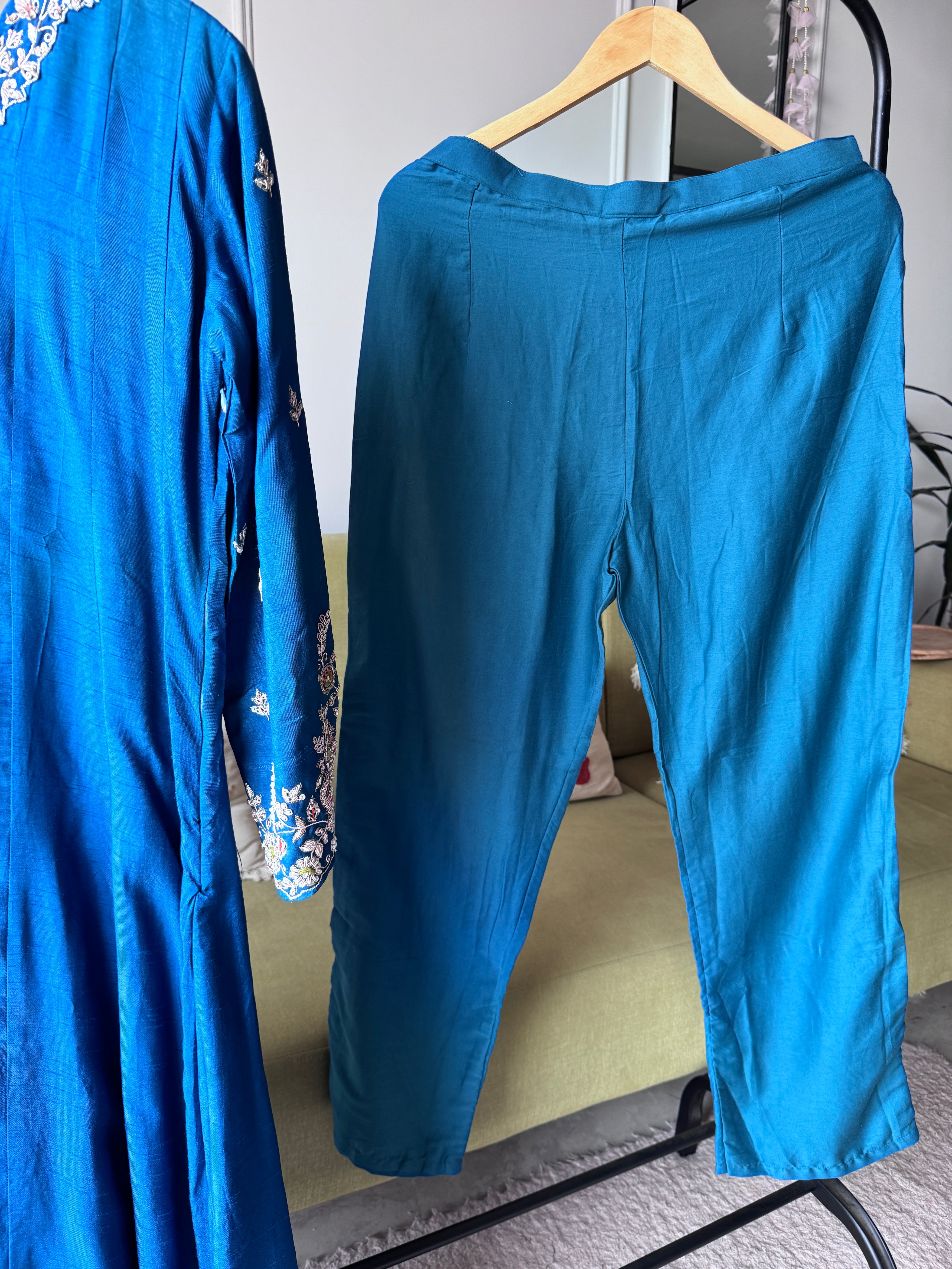 Kajal Handwork Mul Chanderi Anarkali Dress-Blue