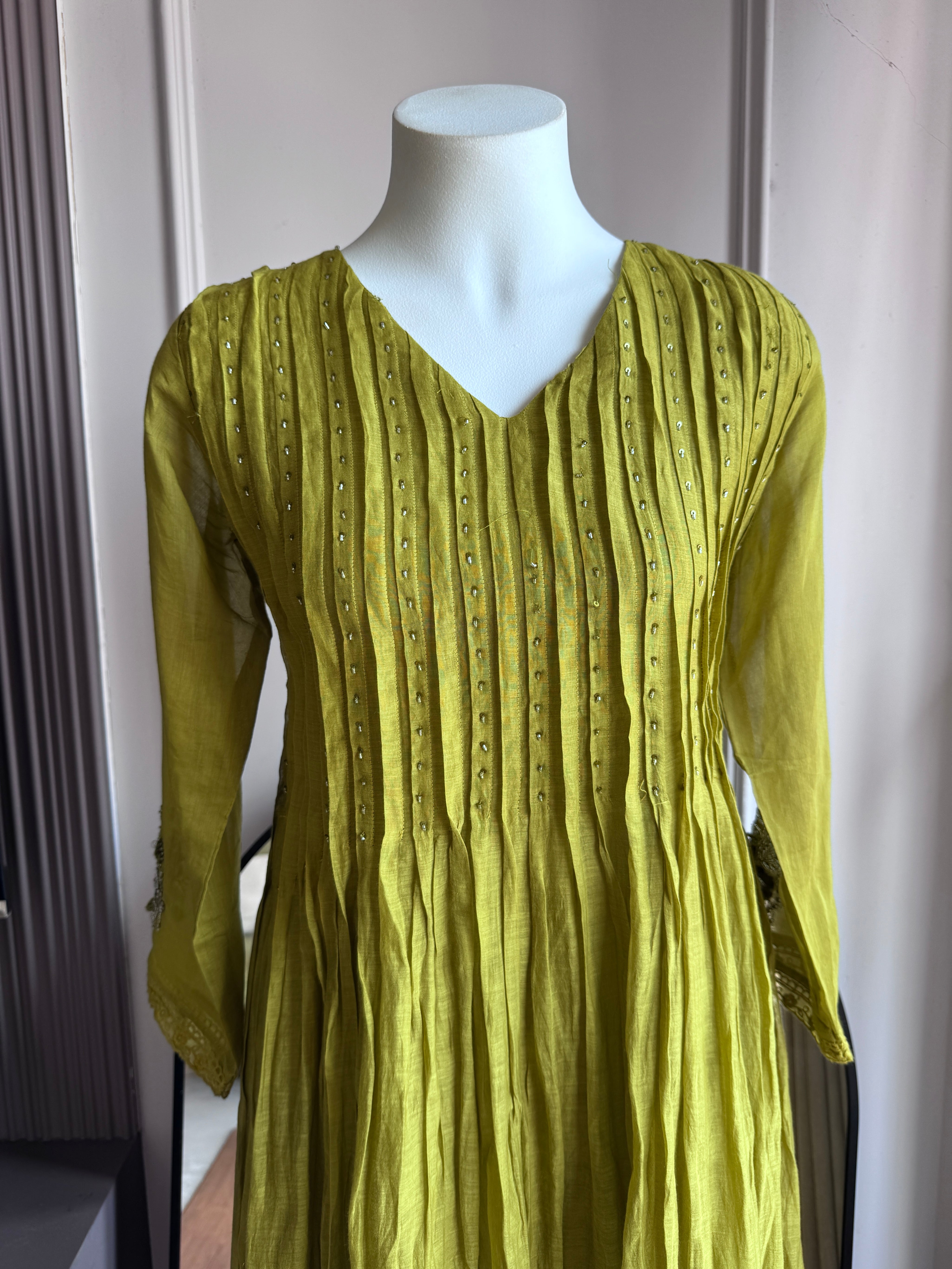 Pushti Handwork Mul Chanderi  Dress - Green