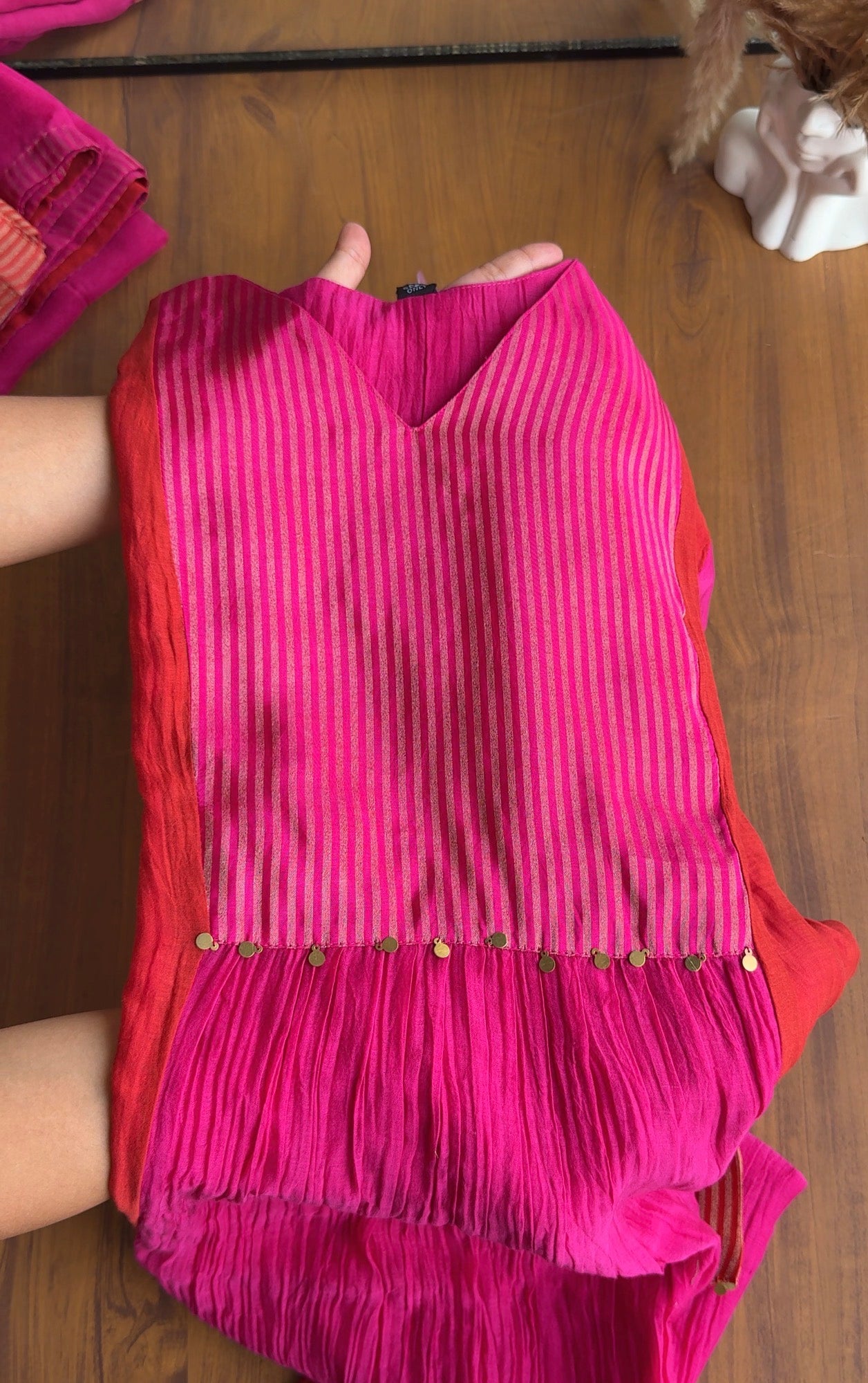 Rutvi Contrast Tissue And Mul Chanderi Dress - Rust ❣️