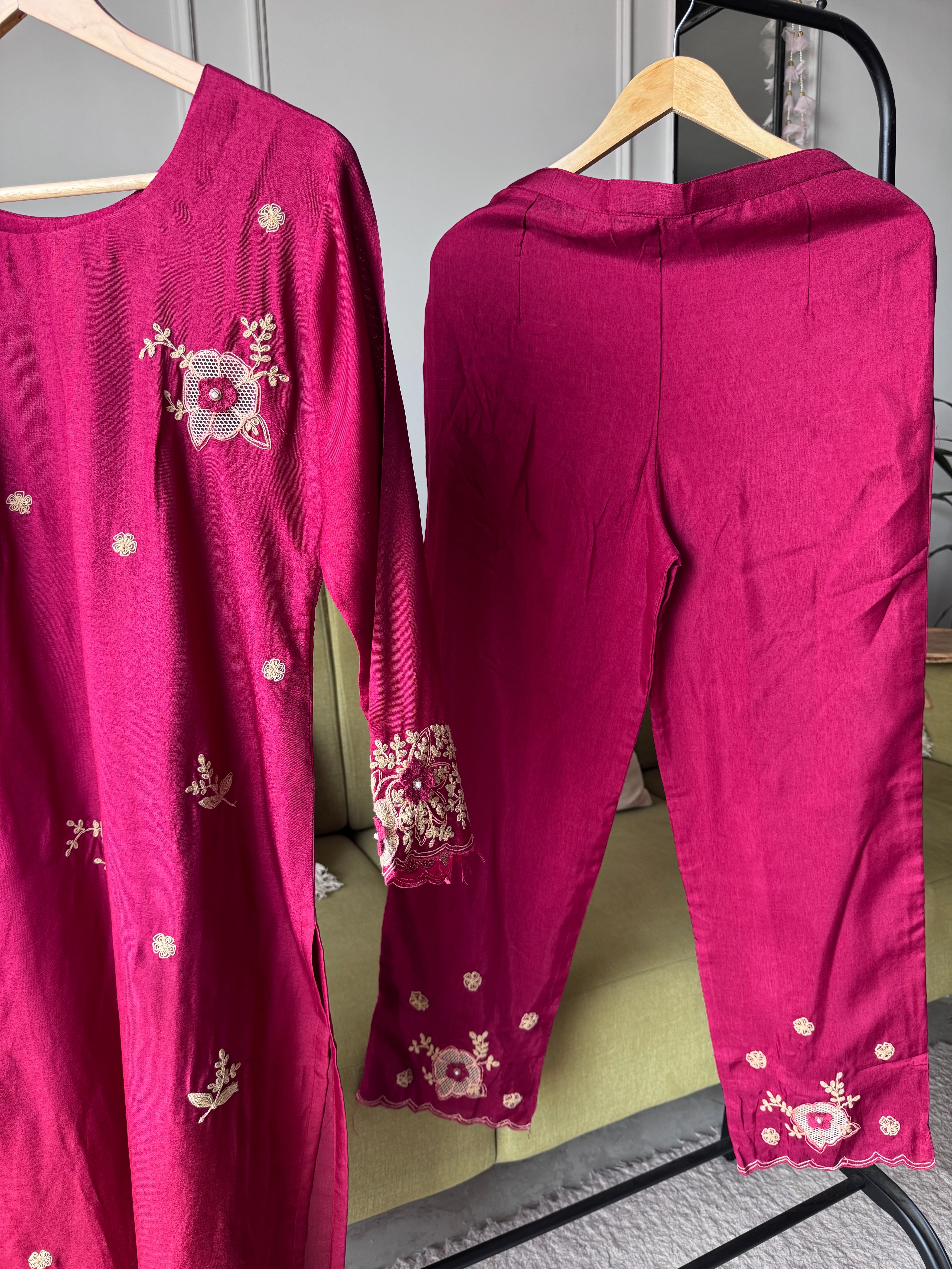 Rasika Embroided Russian  Silk Dress-Maroon