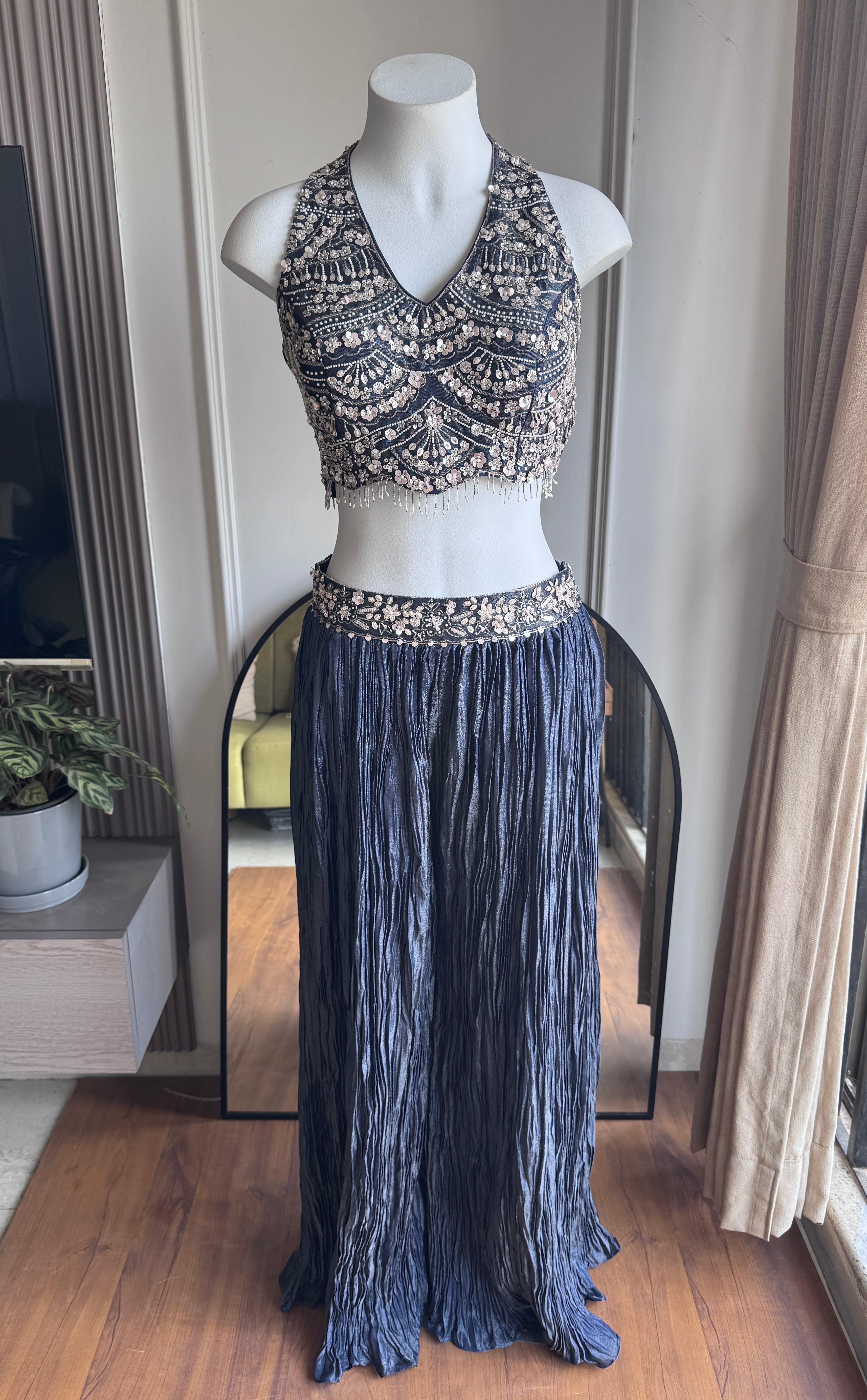 Sana halter neck blouse with palazzo and choker dupatta - Blueish Grey