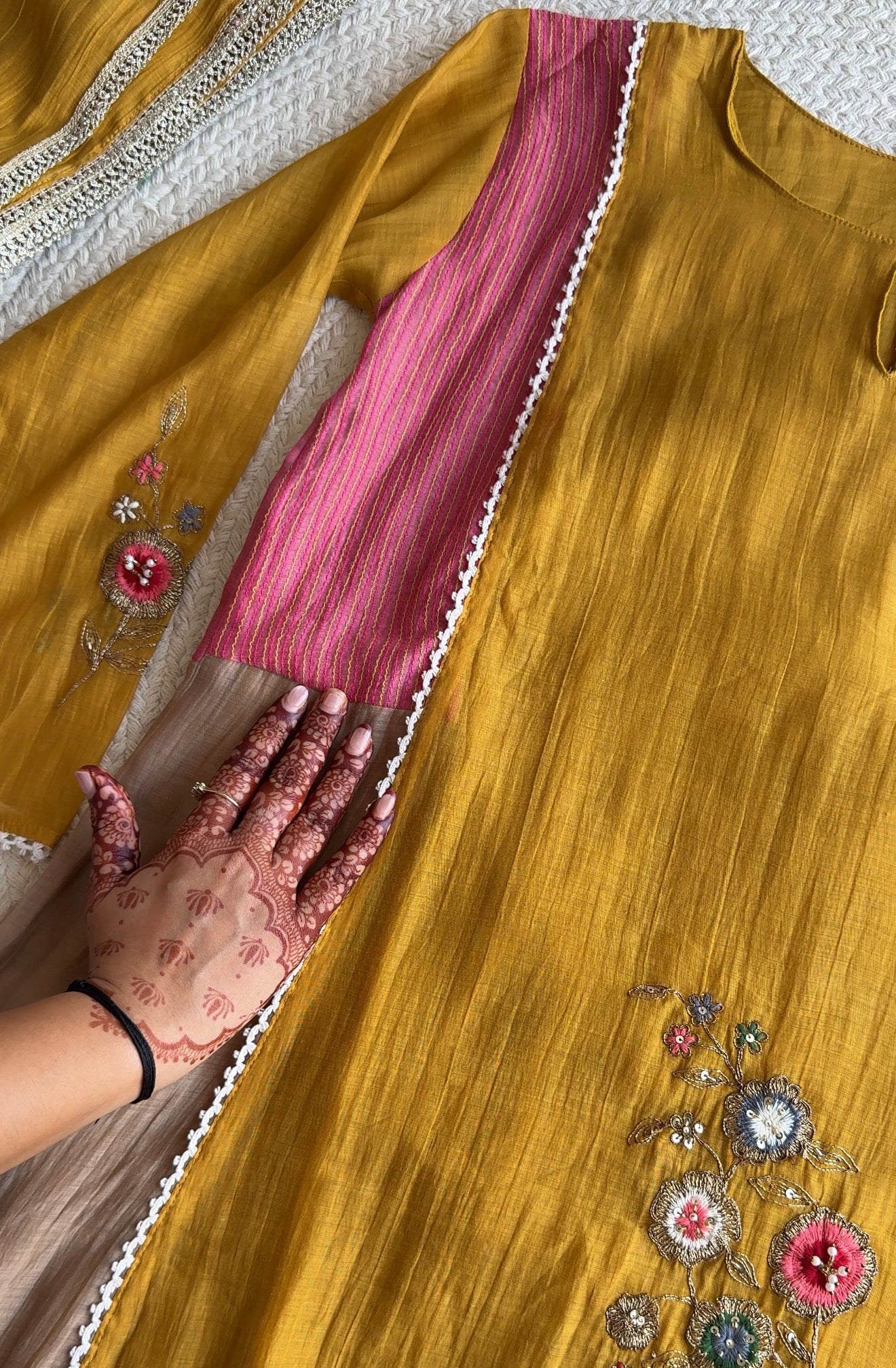 Geet  Contrast Panel Embroidered Dress-Yellow