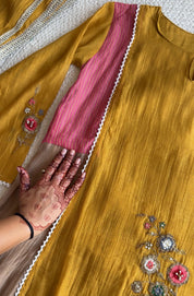 Geet  Contrast Panel Embroidered Dress-Yellow