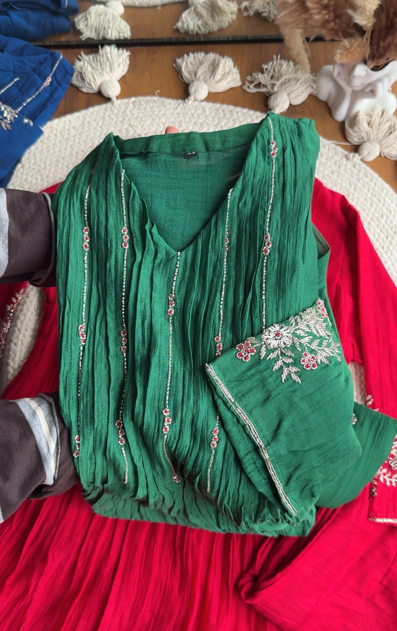 Shubhi aline Mul Chanderi Hand Work Dress- Green