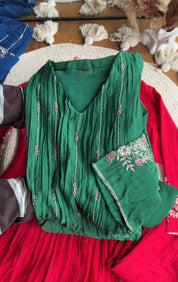 Shubhi aline Mul Chanderi Hand Work Dress- Green