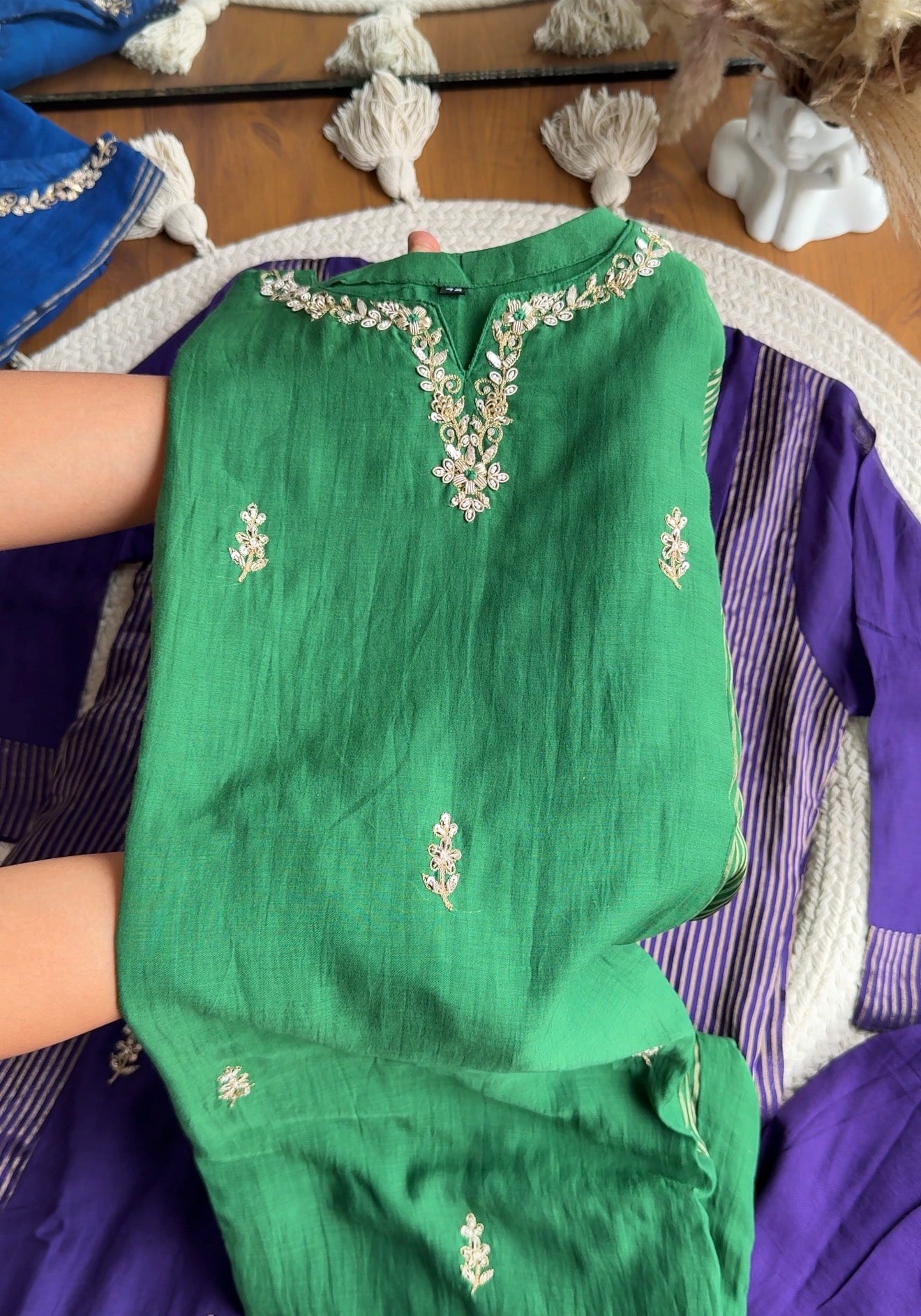 Sunaina Striped Tissue with  Mul Chanderi Dress- Green