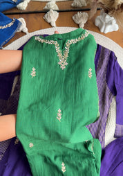 Sunaina Striped Tissue with  Mul Chanderi Dress- Green