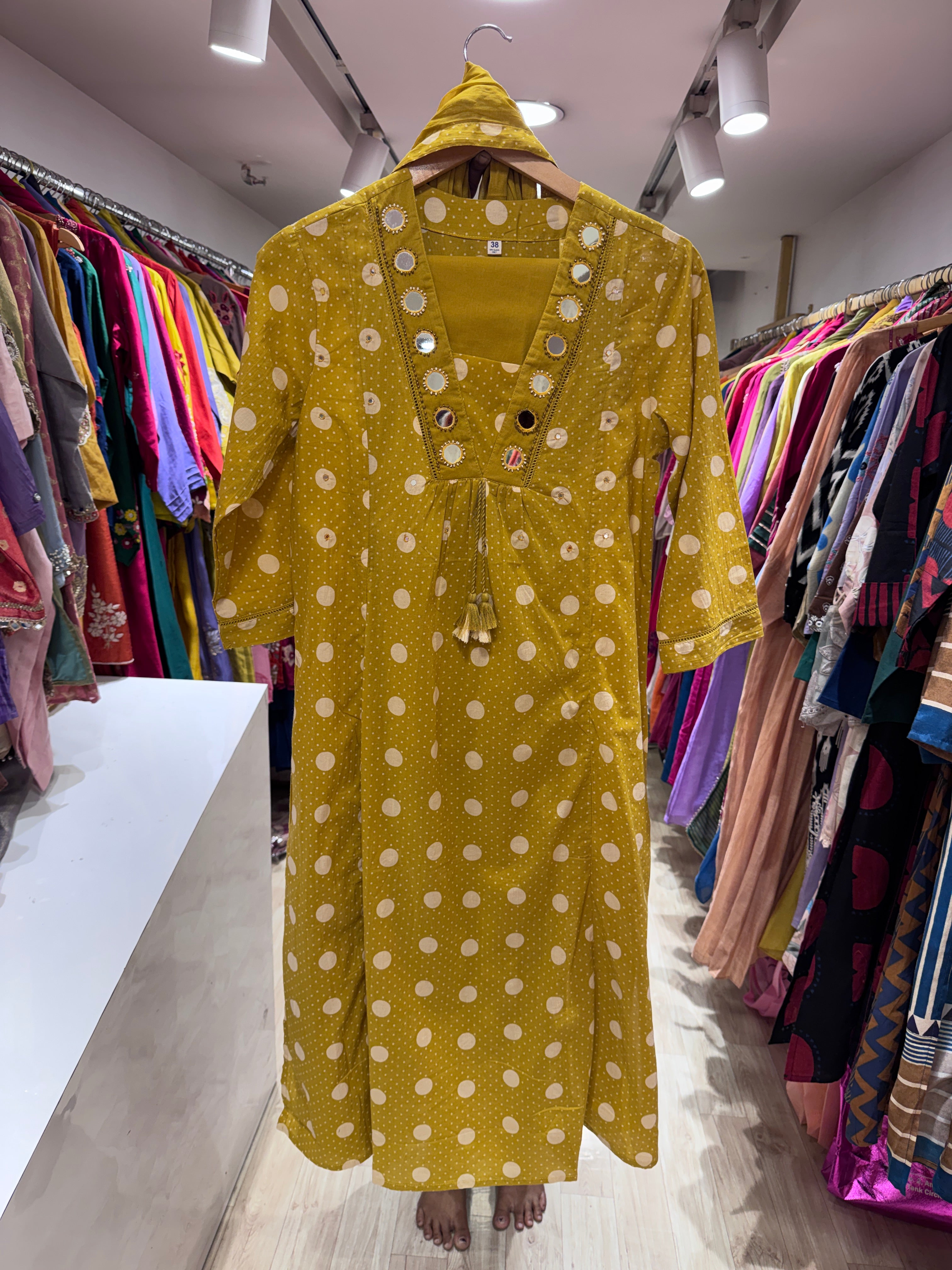 Pavithra  Polka Dot Cotton Dress-Yellow