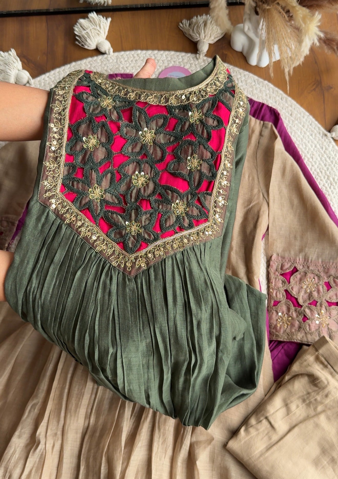 Riya cutwork Contrast Anarkali Dress- Green