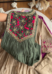 Riya cutwork Contrast Anarkali Dress- Green