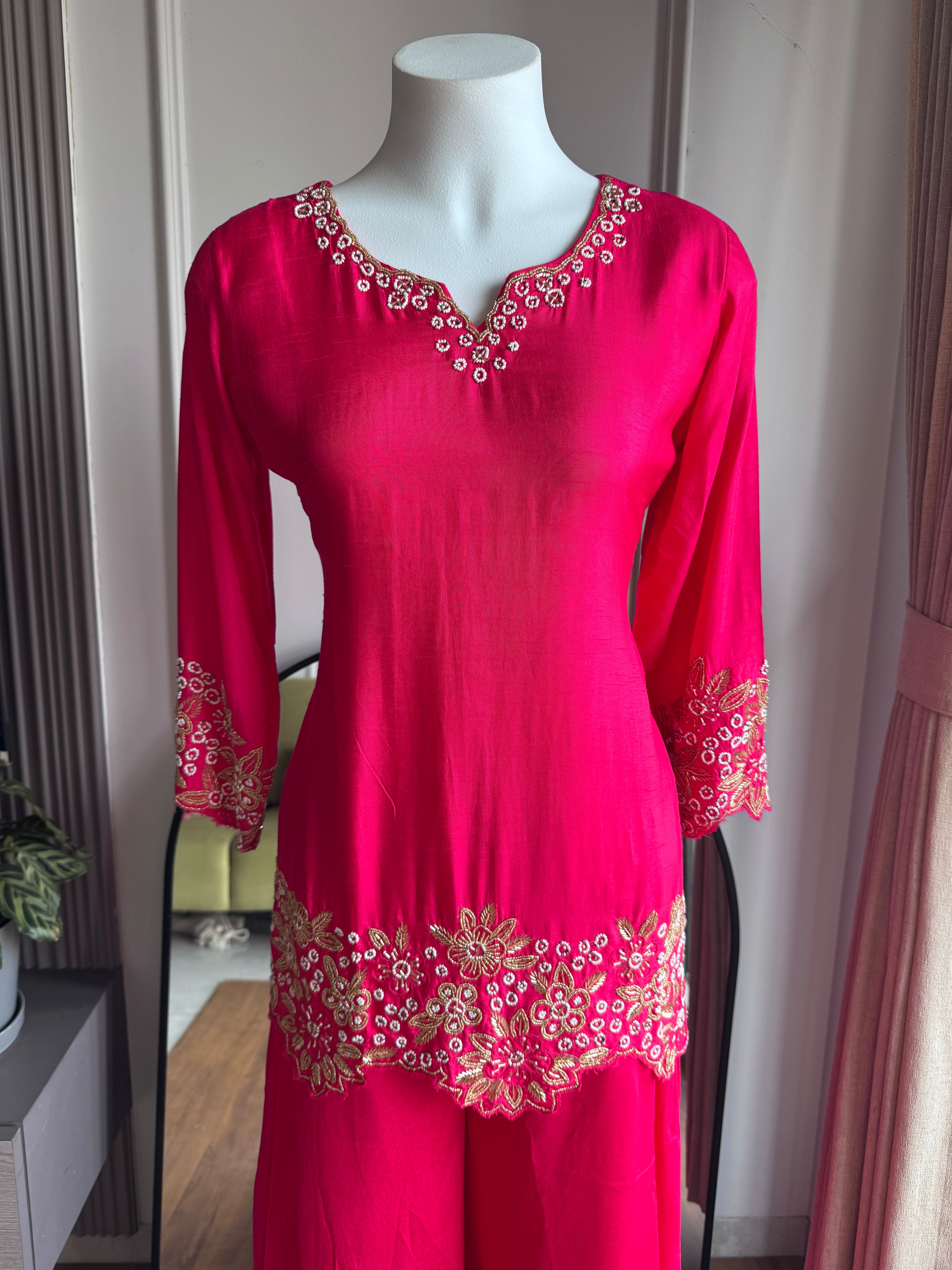 Tanisha Short Kurta Handwork Plazzo - Pink