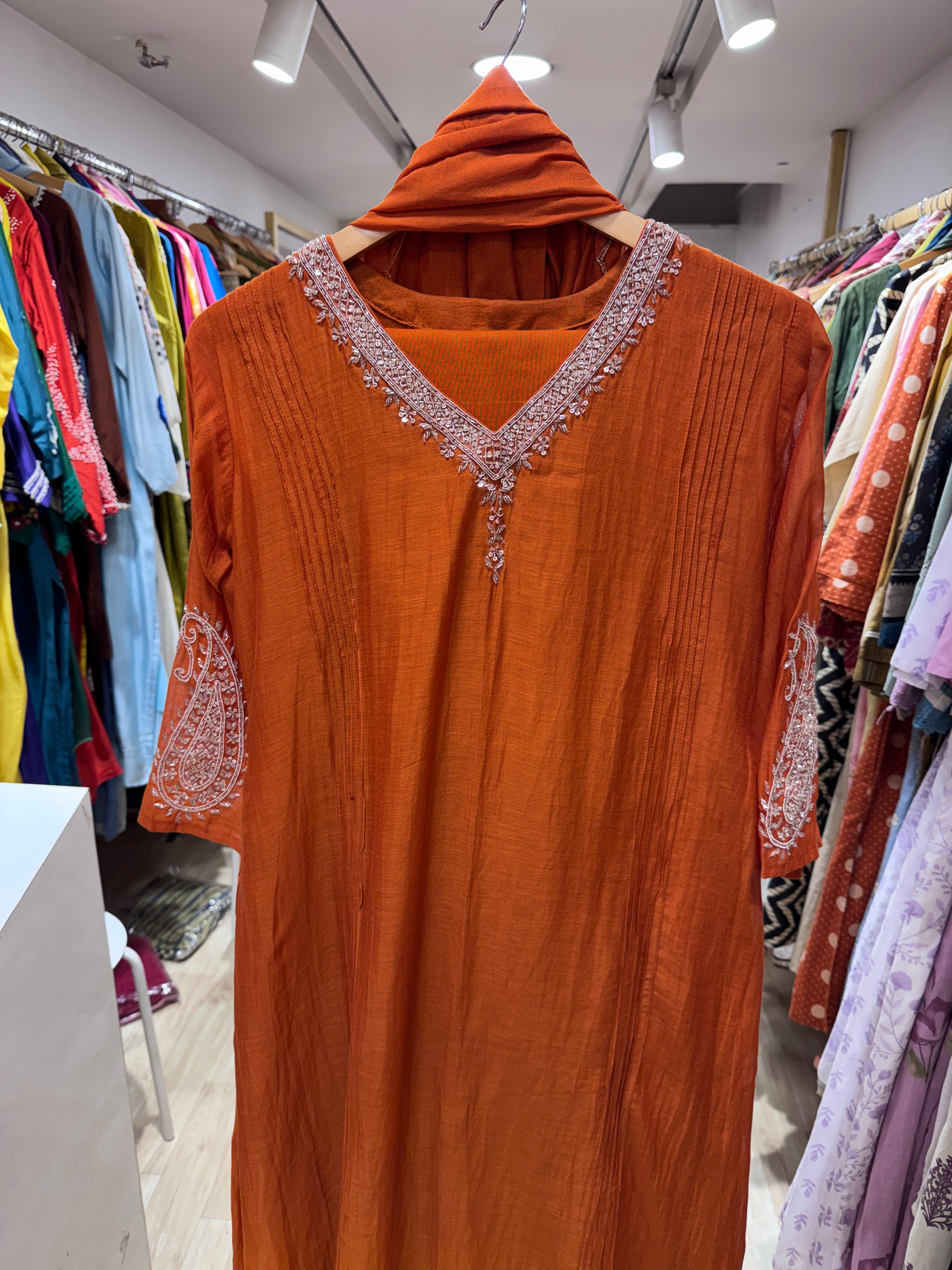 Tiya Mul Chanderi Handwork Dress- Rust