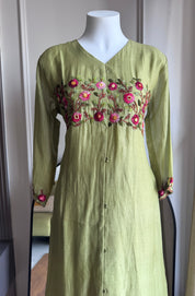 Nehal Embroided Mul Chanderi Dress- Green (Make to Order)