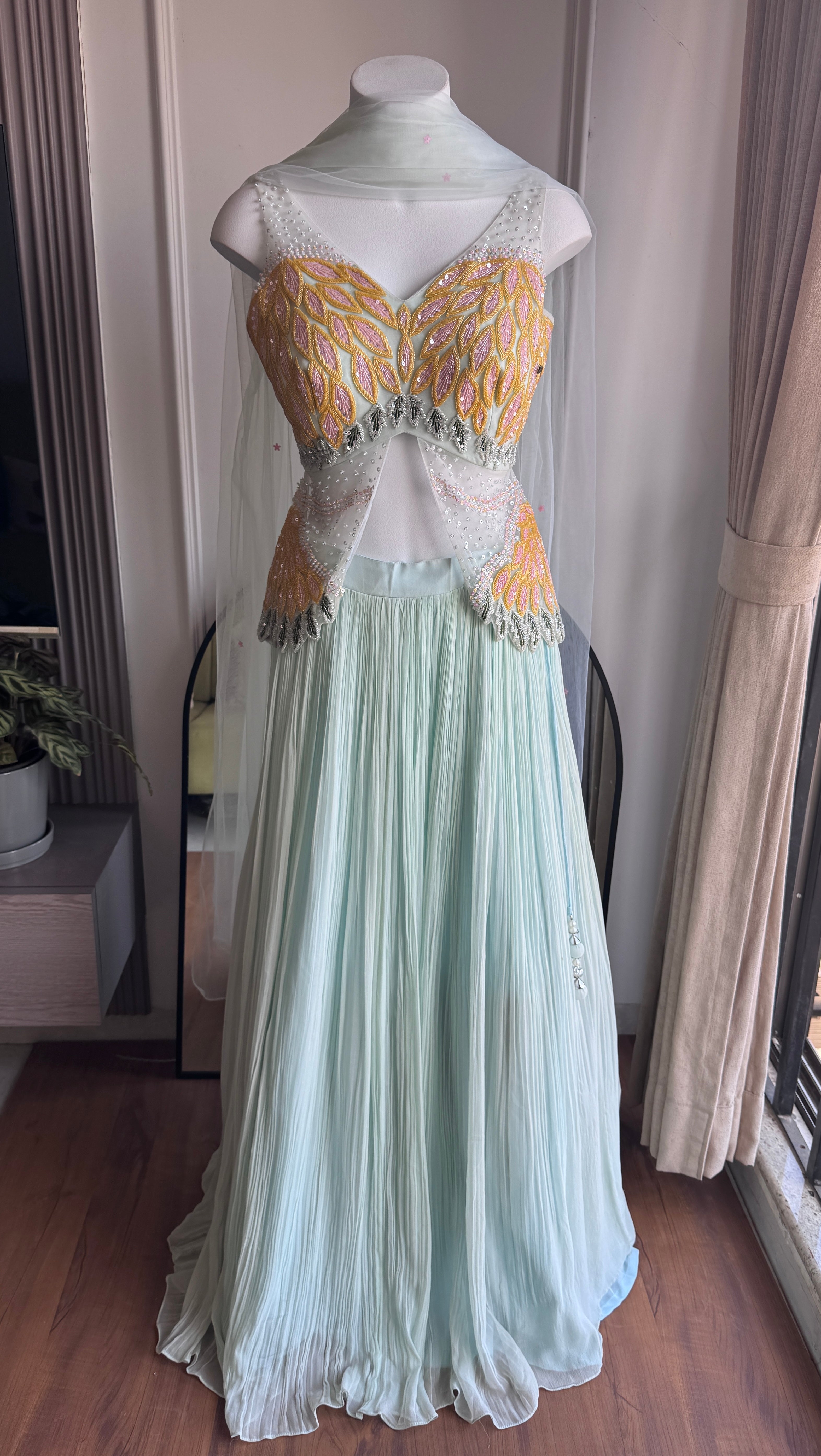 Sahiba hand work lehenga- Dusty Blue