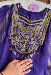 Simran Hand Zardosi Tissue And Mul Chanderi Aline Dress- Purple