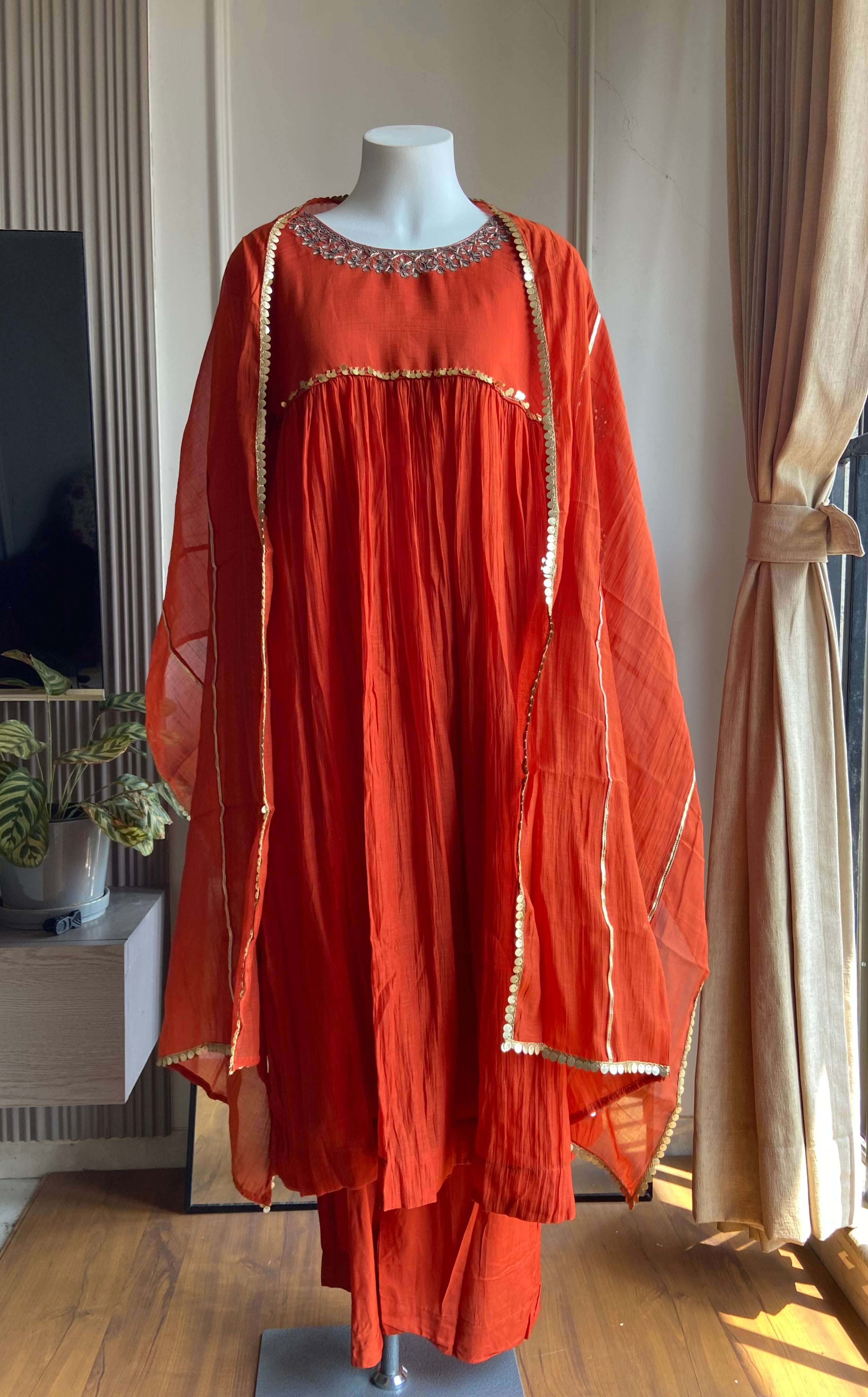 Reshma Handwork Round Neck Dress-Orange