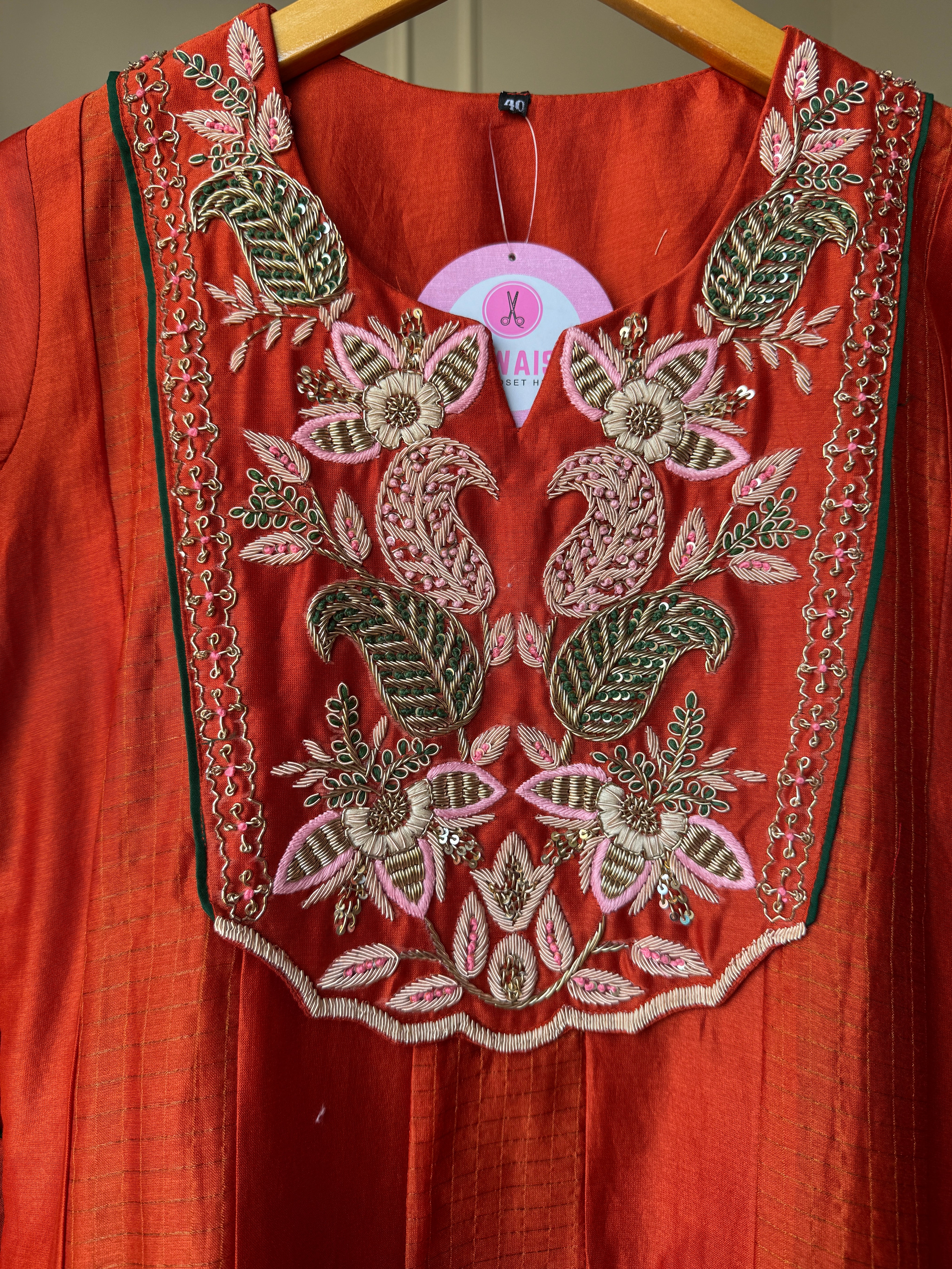 Rinki Handwork Mul Chanderi Dress- Rust