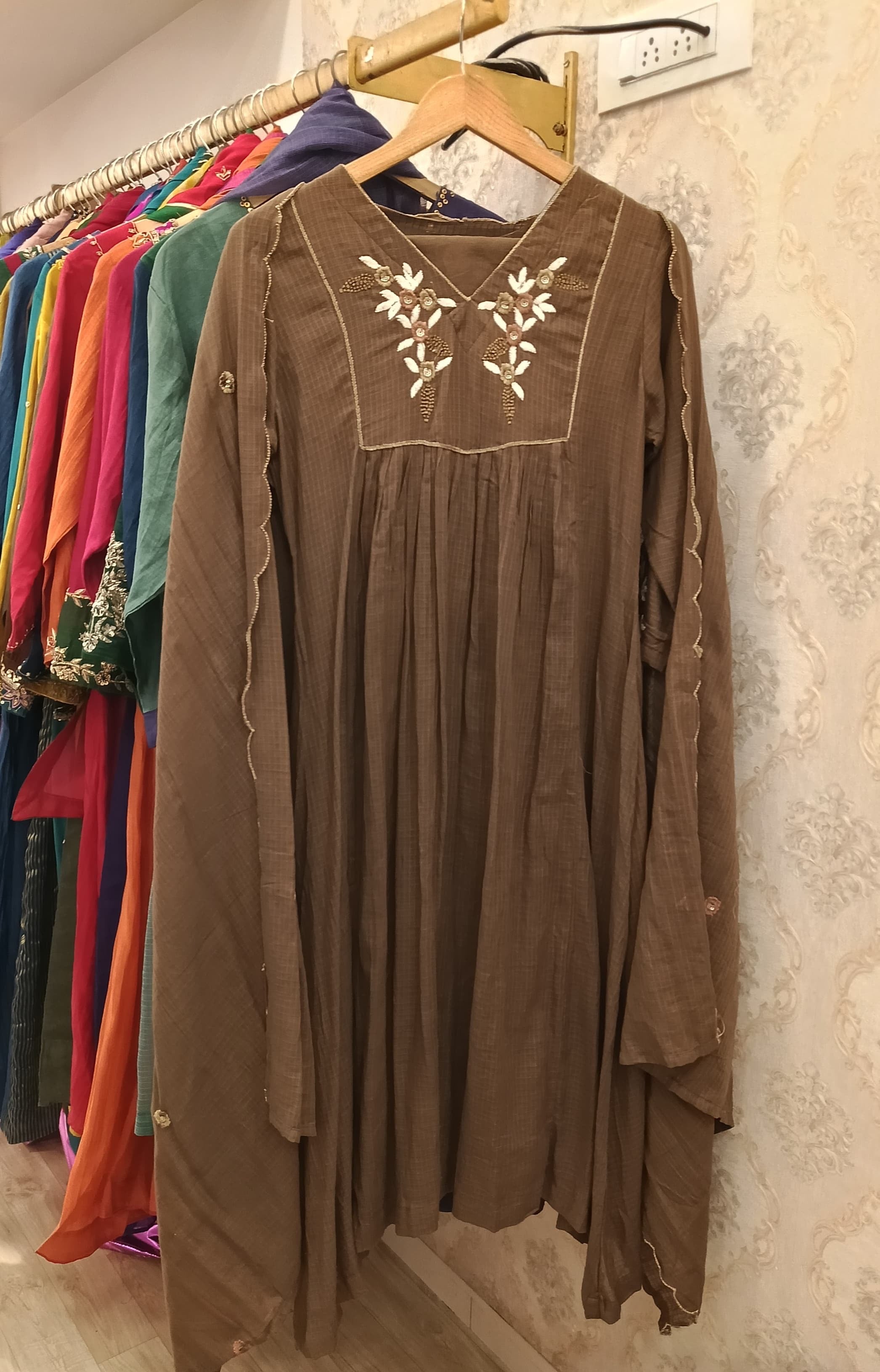 Swarnika Embroided Cotton Dress- Brown