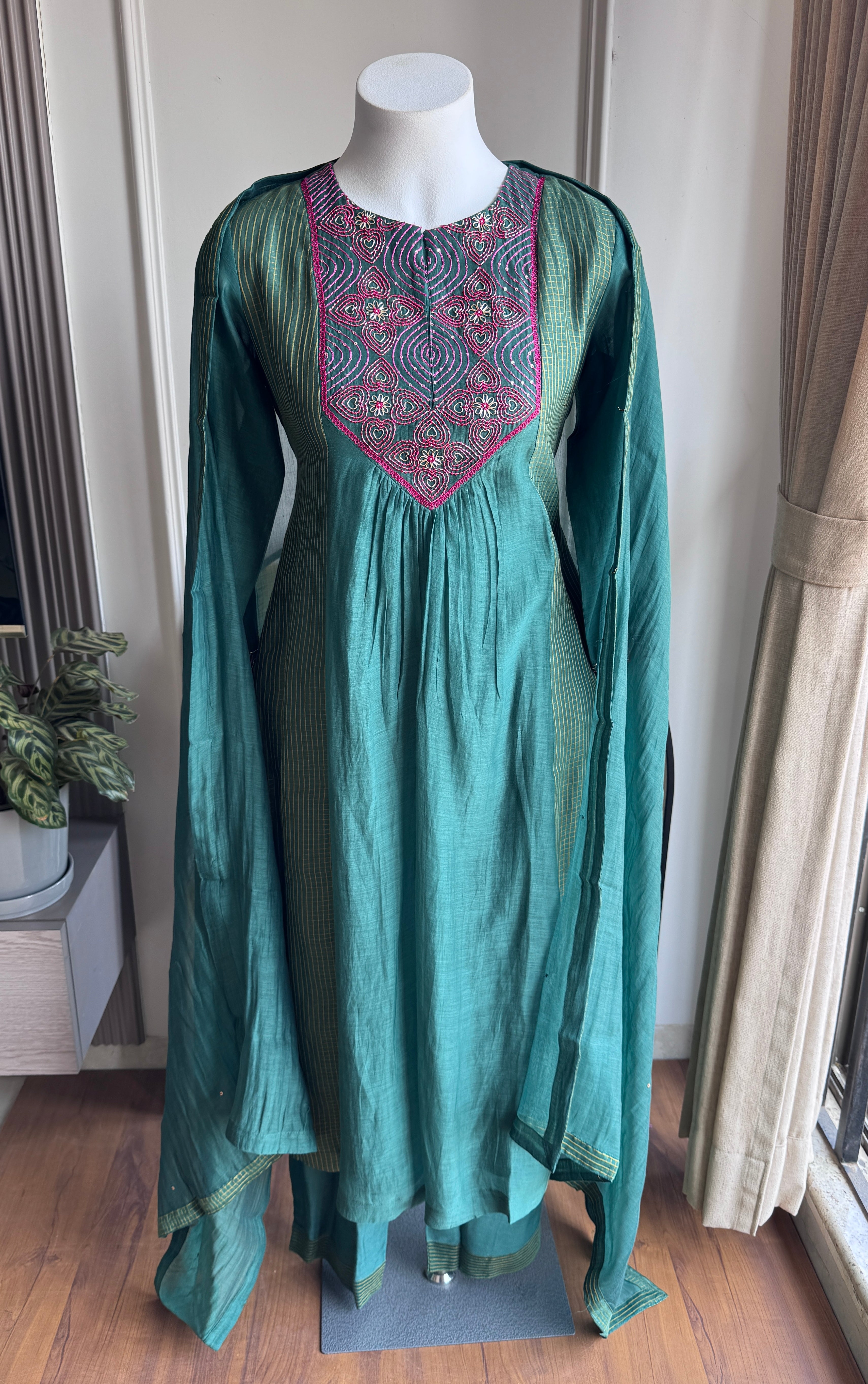 Noori Handwork Mul Chanderi Dress- Green
