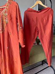 Shilpa Embroided Mul Chanderi Dress-Rust