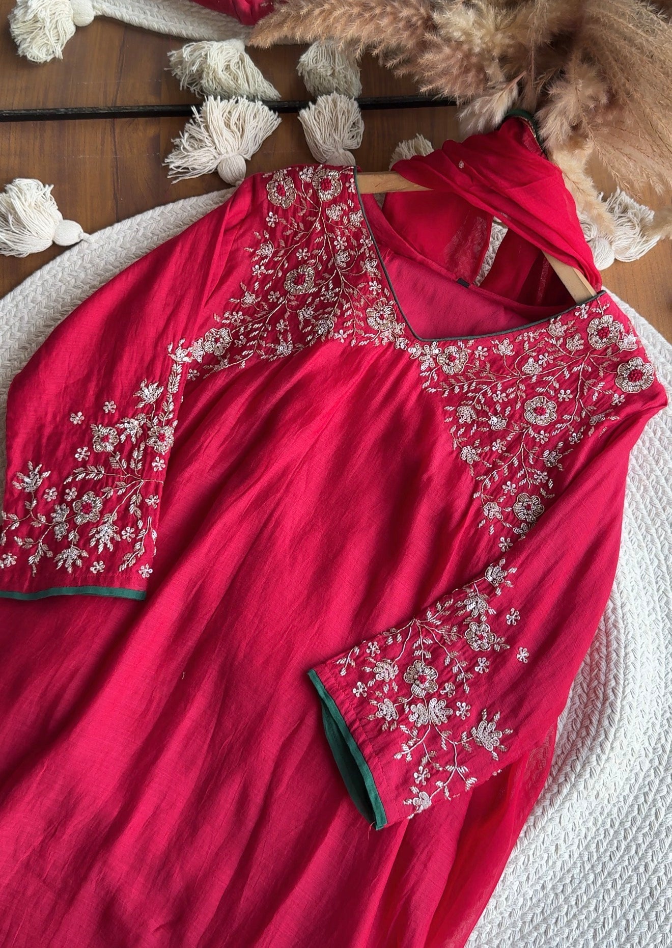 Sima Handwork Mul Chanderi Dress- Red