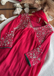 Sima Handwork Mul Chanderi Dress- Red