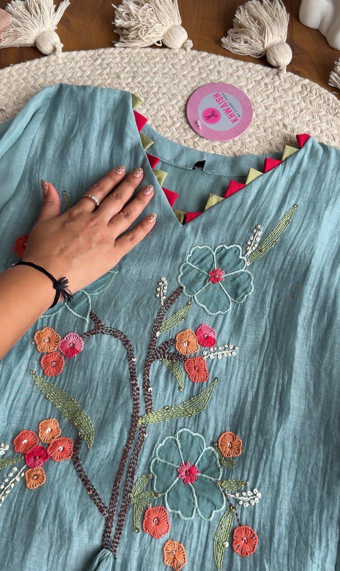 Riddhi Floral Embroidered Mul Chanderi Dress- Blue