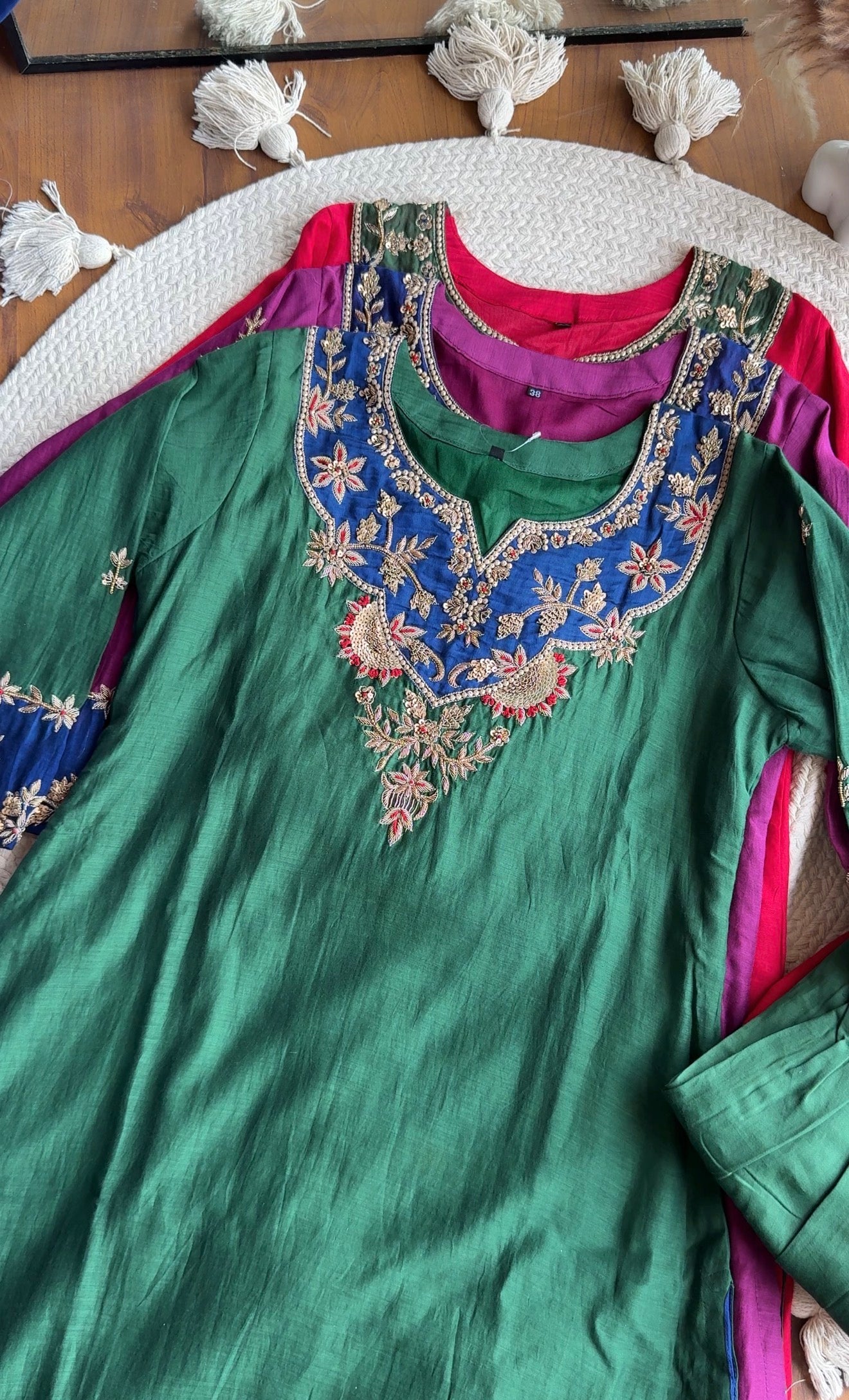 Moksha Mul Chanderi Handwork Dress- Green