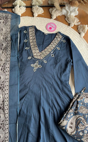 Gauri V Neck Anarkali Dress-Blue