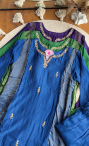 Sunaina Striped Tissue with Mul Chanderi Dress- Blue