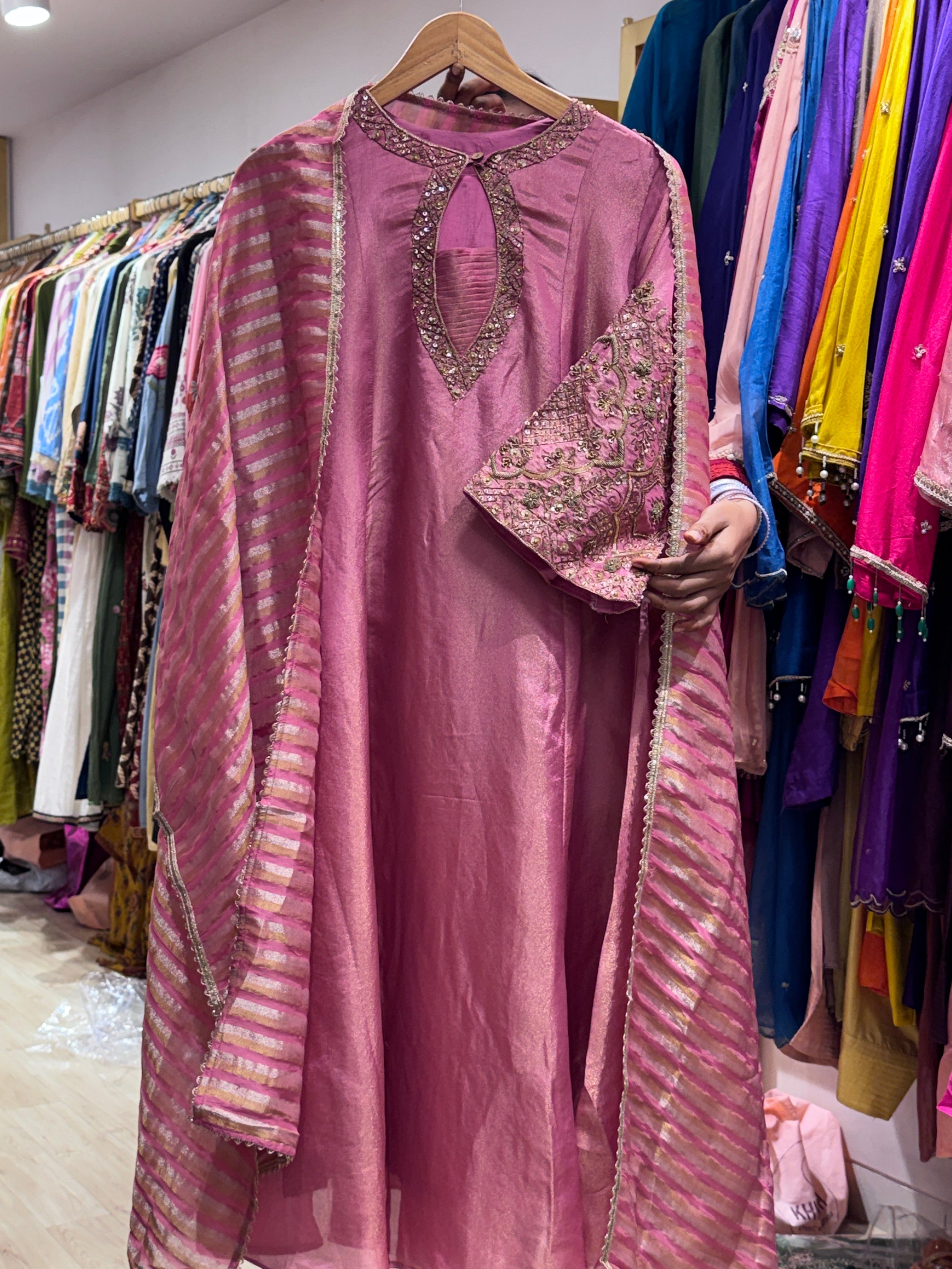 Kinjal Heavy Hand Zardosi Dress-Baby Pink
