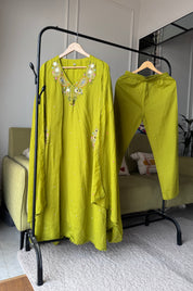 Mannat Pocket Embroided Mul Cotton Dress-Pista Green