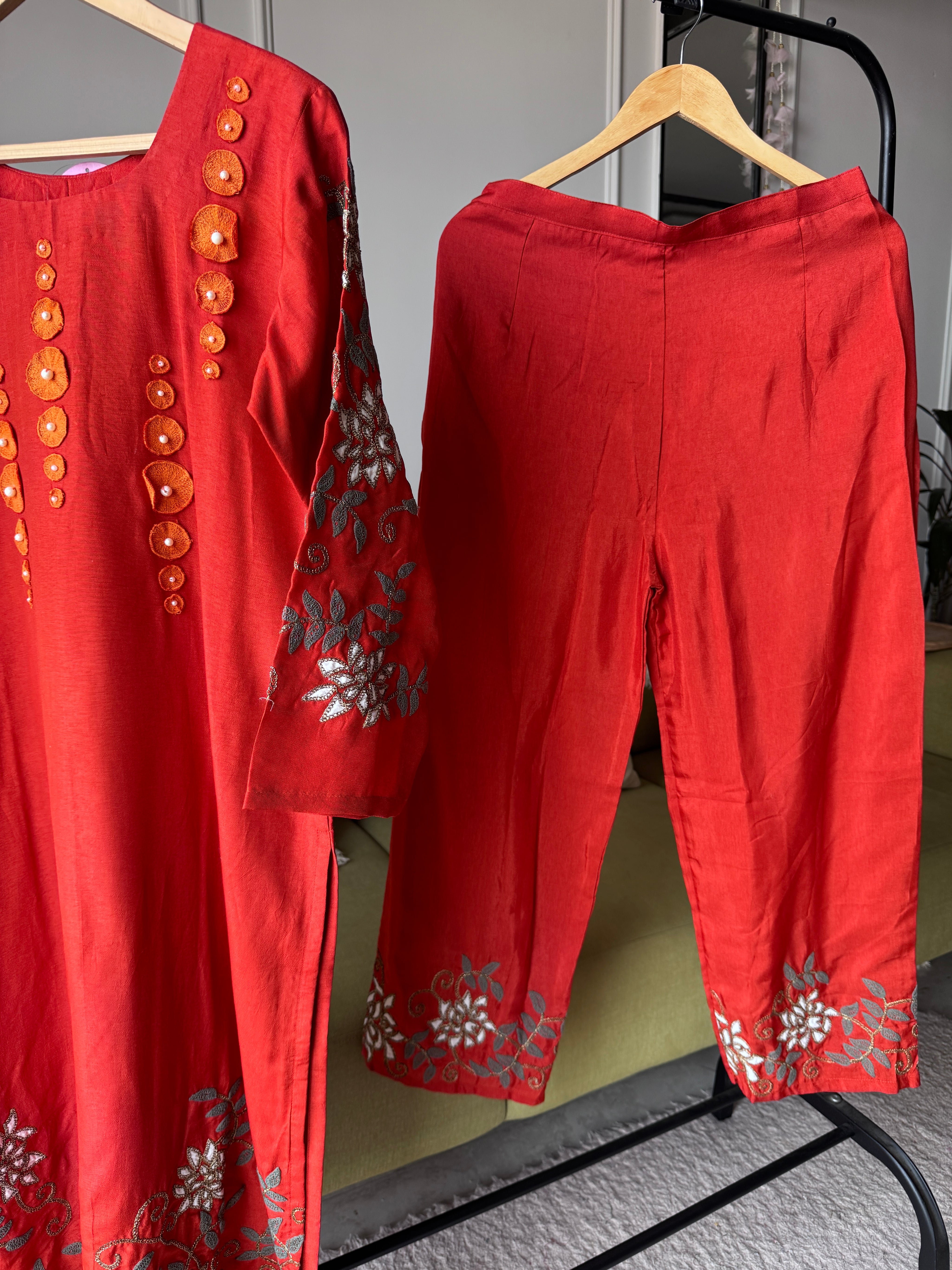 Meenal Handwork Russian Silk Dress-Rust