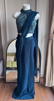 Risha Handwork Drape Saree Set- Blue