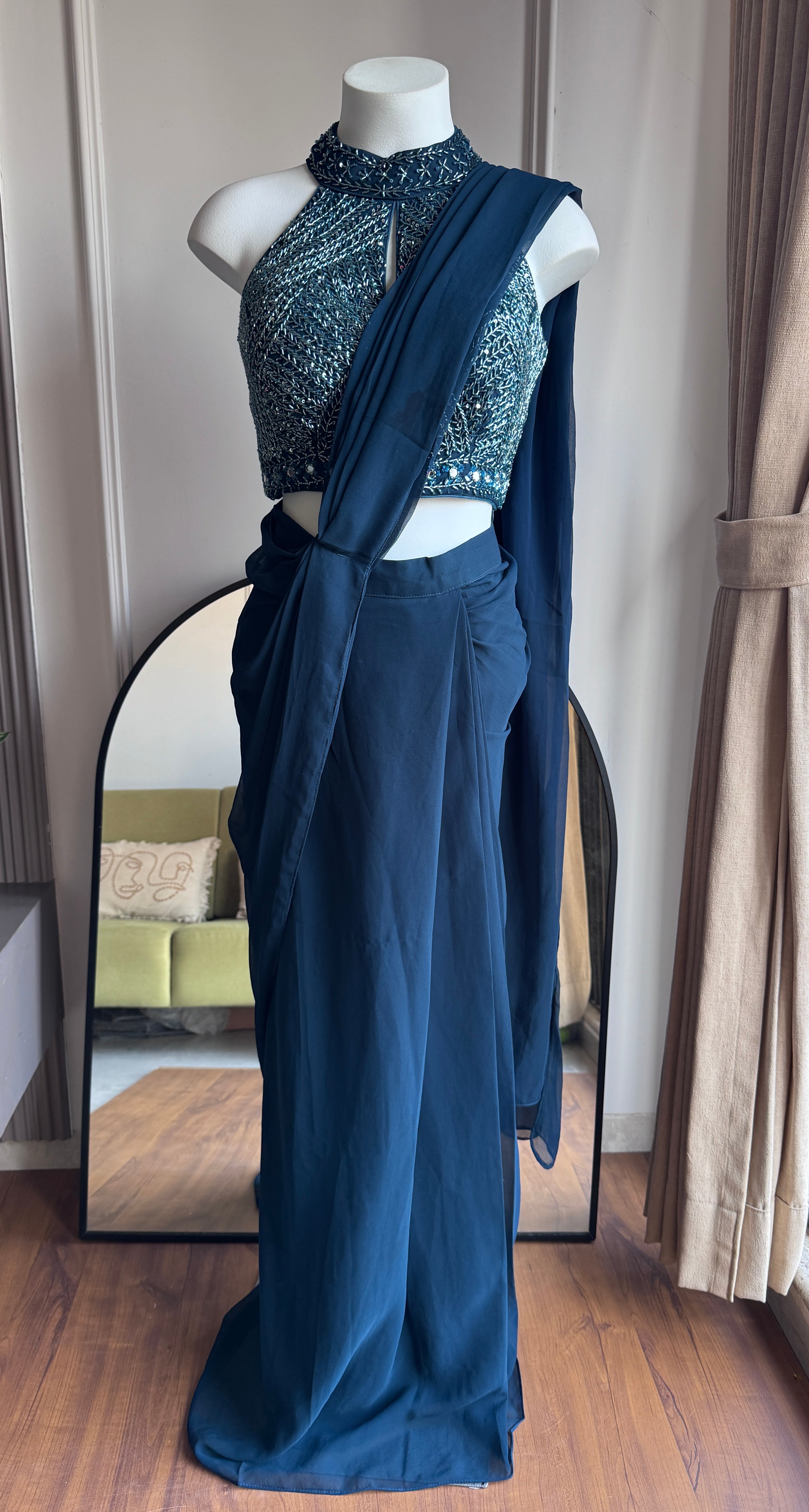 Risha Handwork Drape Saree Set- Blue
