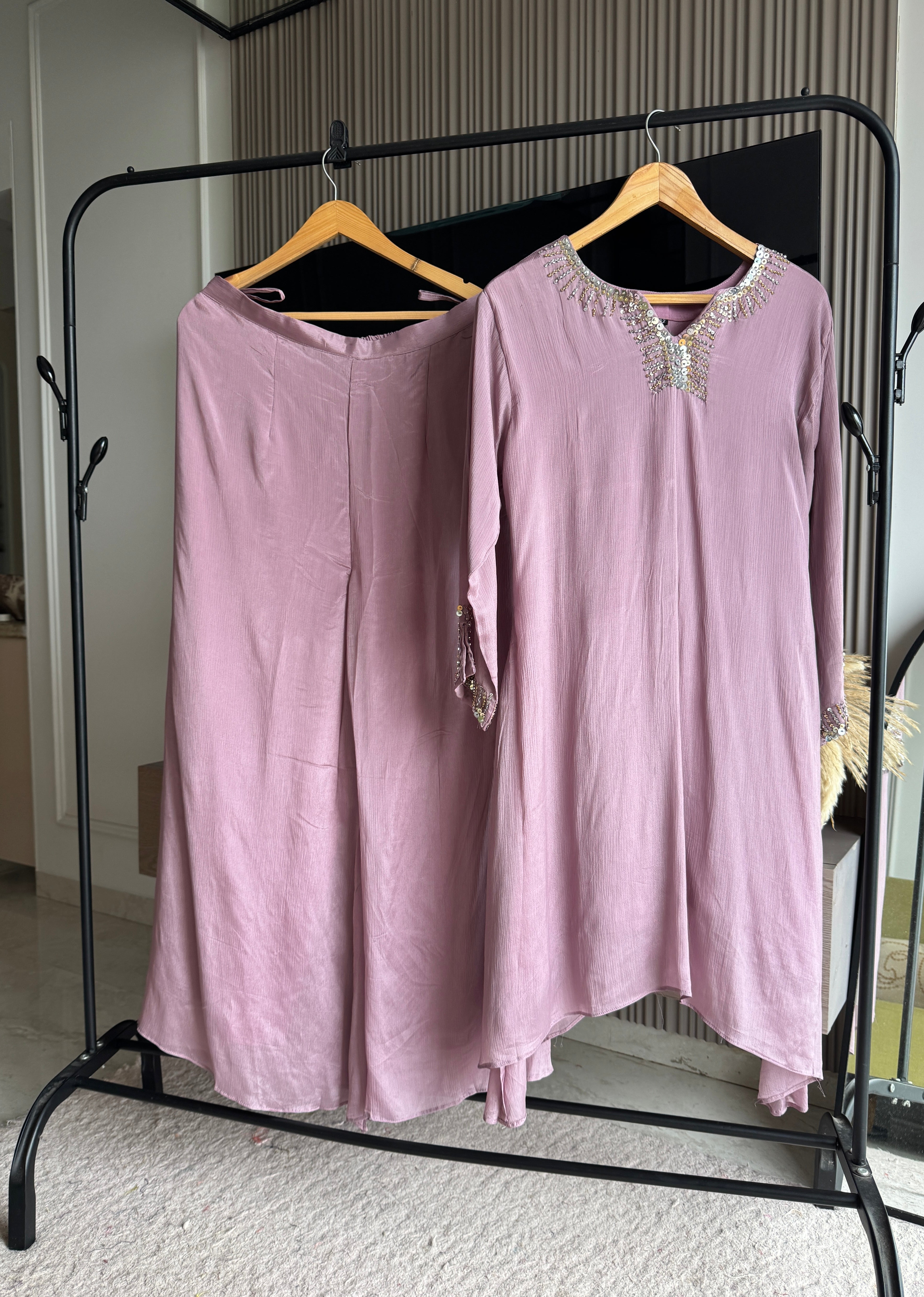 Ragini Chinon Squence Work Kurta With Flared Plazzo Pants