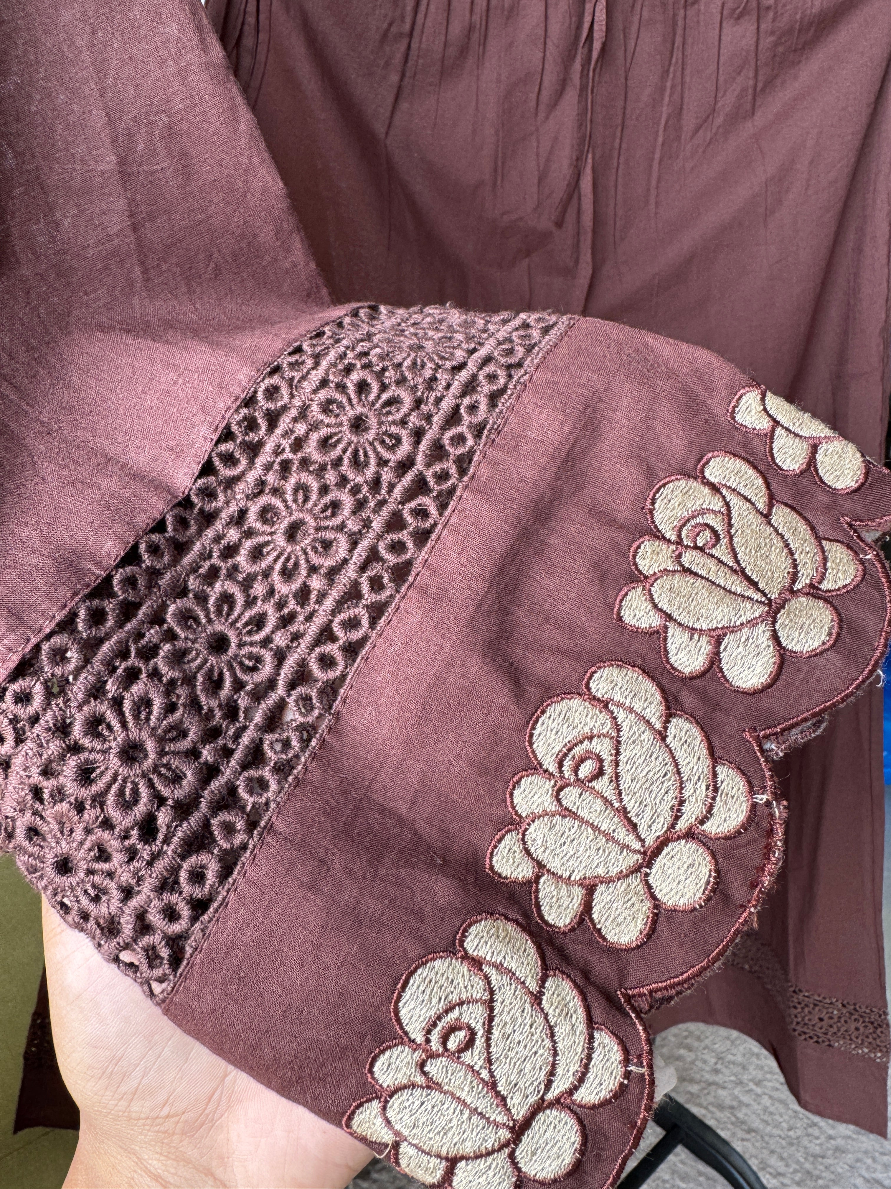 Monika Scalloped Neck Embroided Dress- Brown