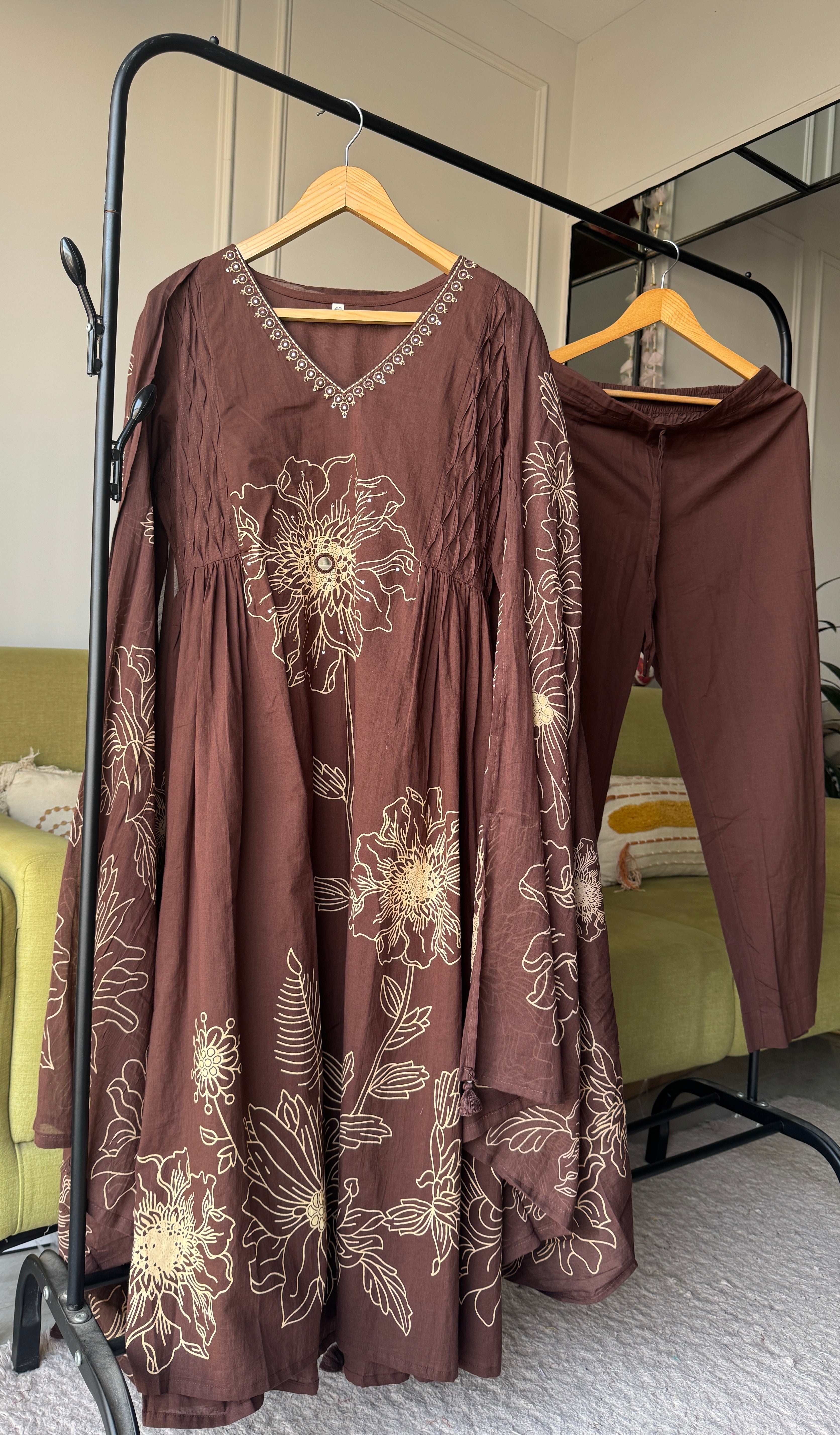 Sarika Cotton Print Dress- Brown