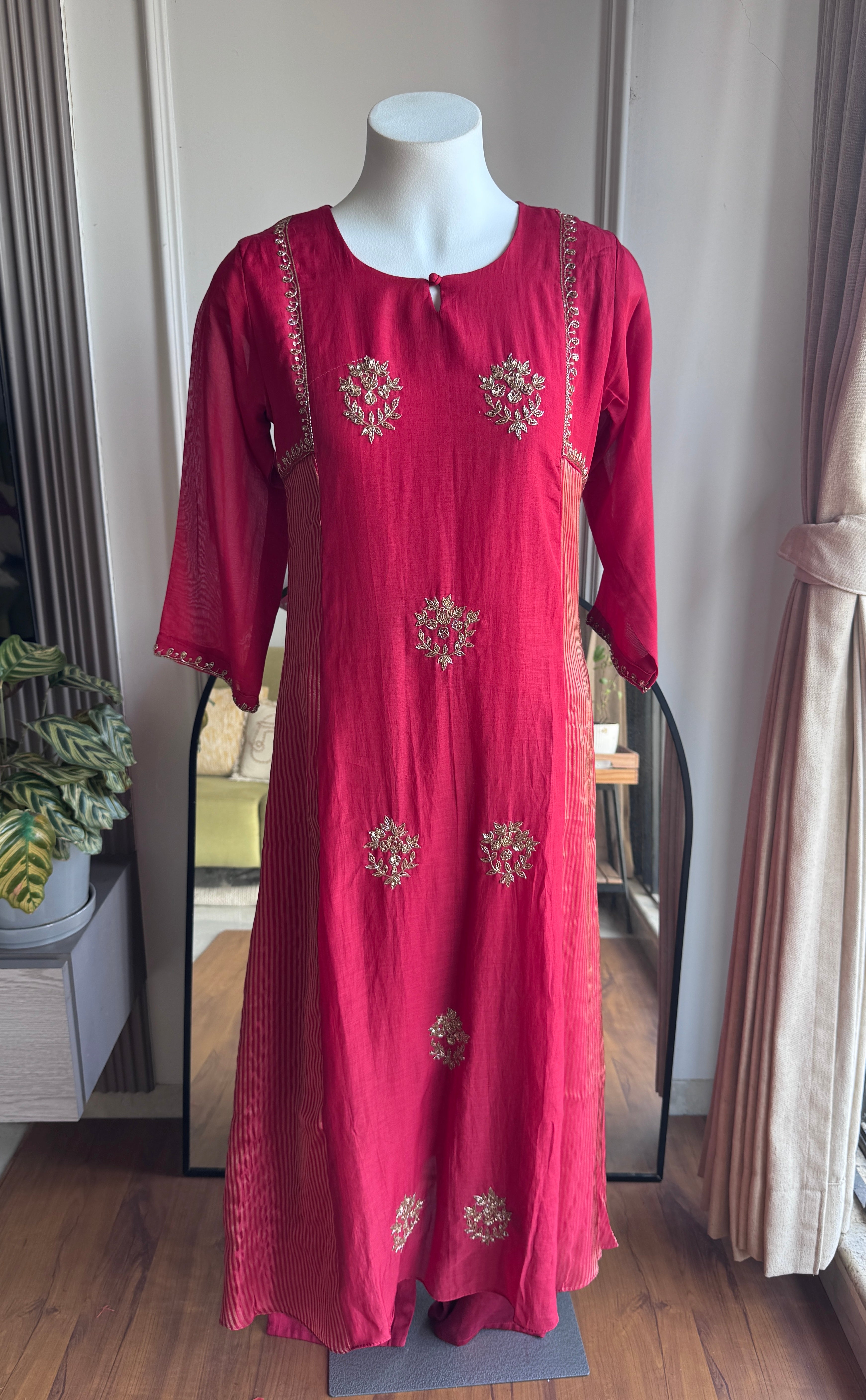 Yukti Striped Tissue with Mul Chanderi Dress- Rust