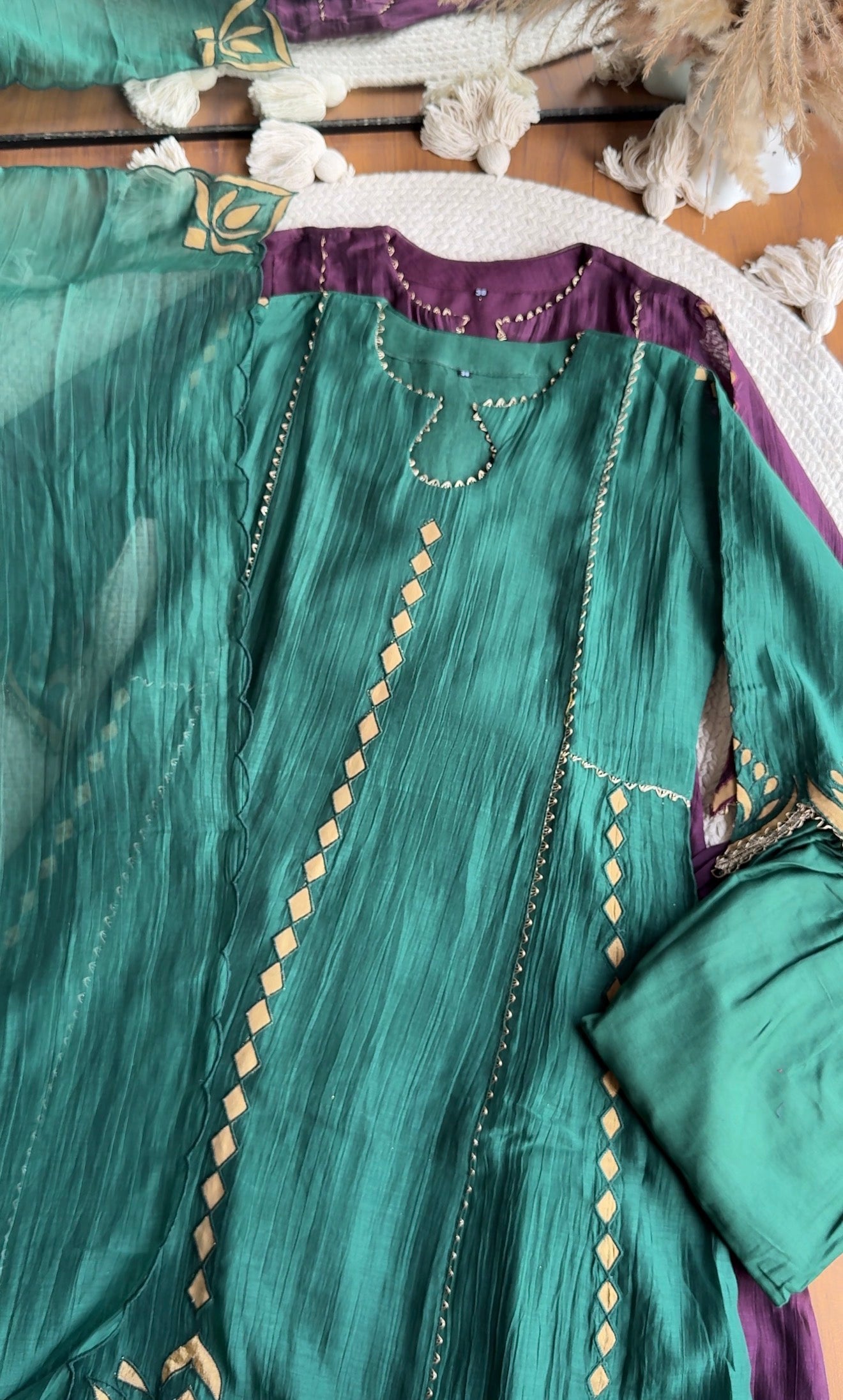 Vrutti lotus appliqué and cutwork aline dress- Green