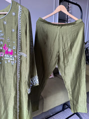 Darshana mul chanderi Handwork dress- Green