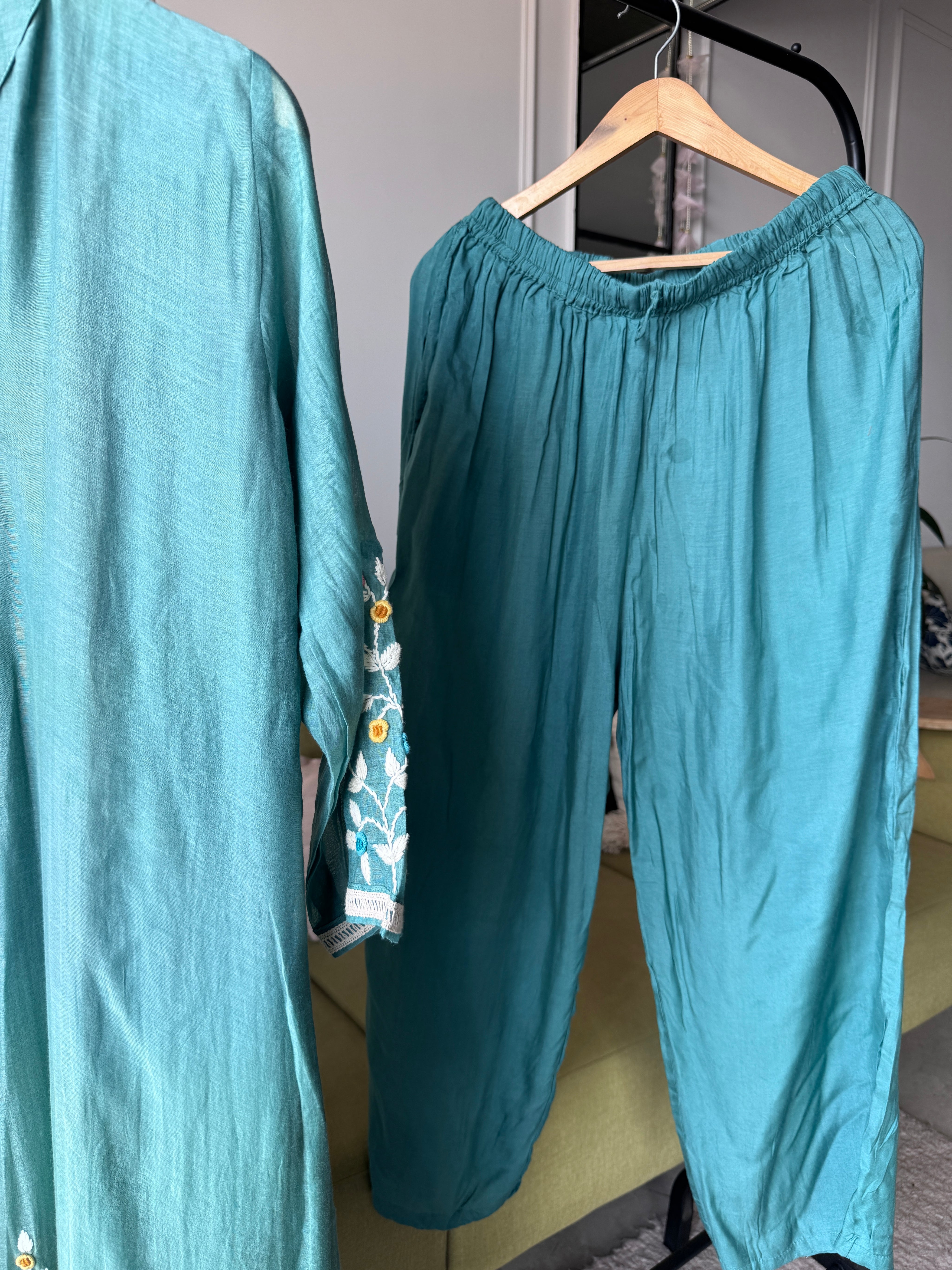 Vaishali Embroided Mul Chanderi Dress- Blue
