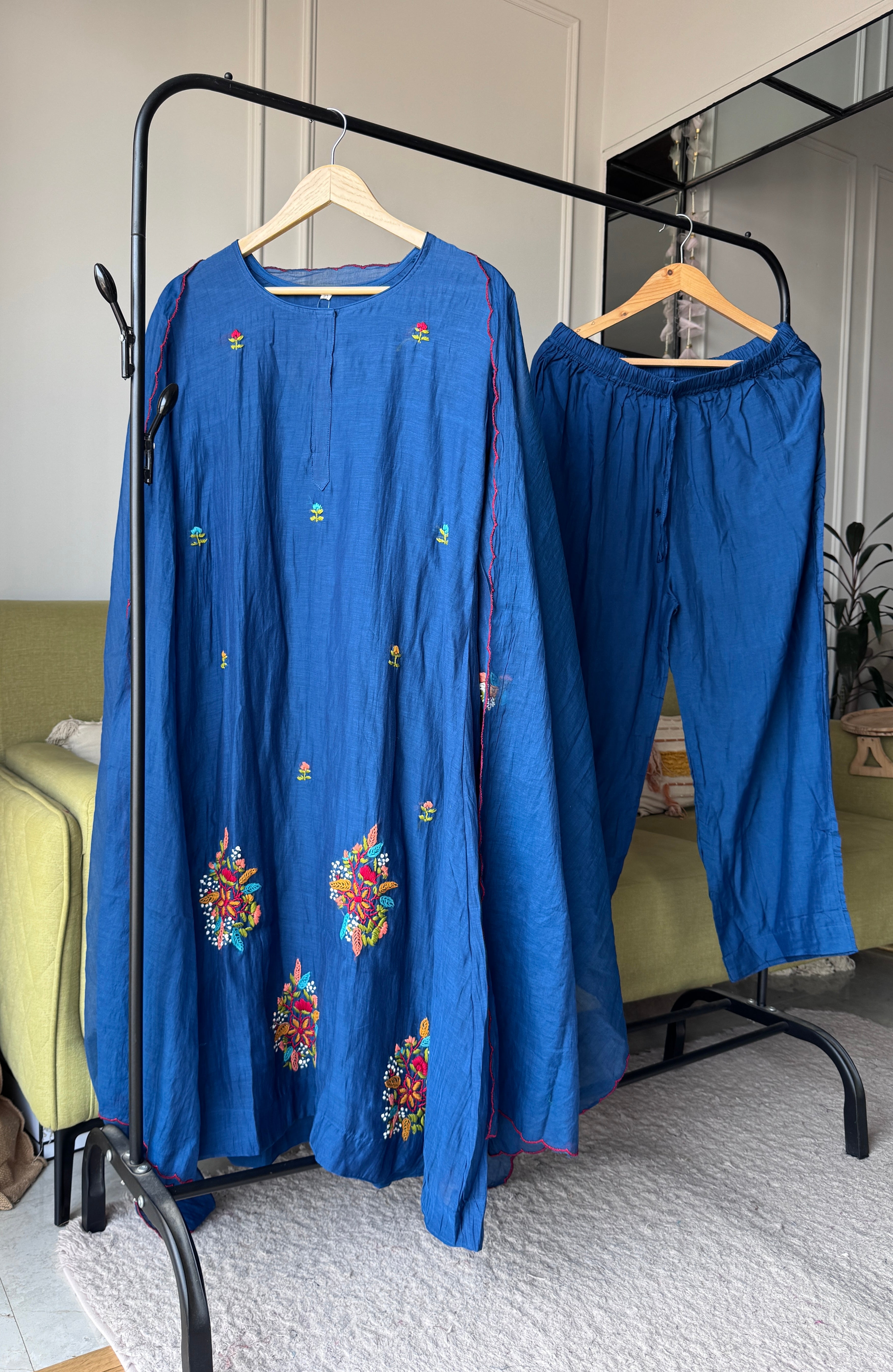 Parul Embroided Mul Chanderi Dress- Blue