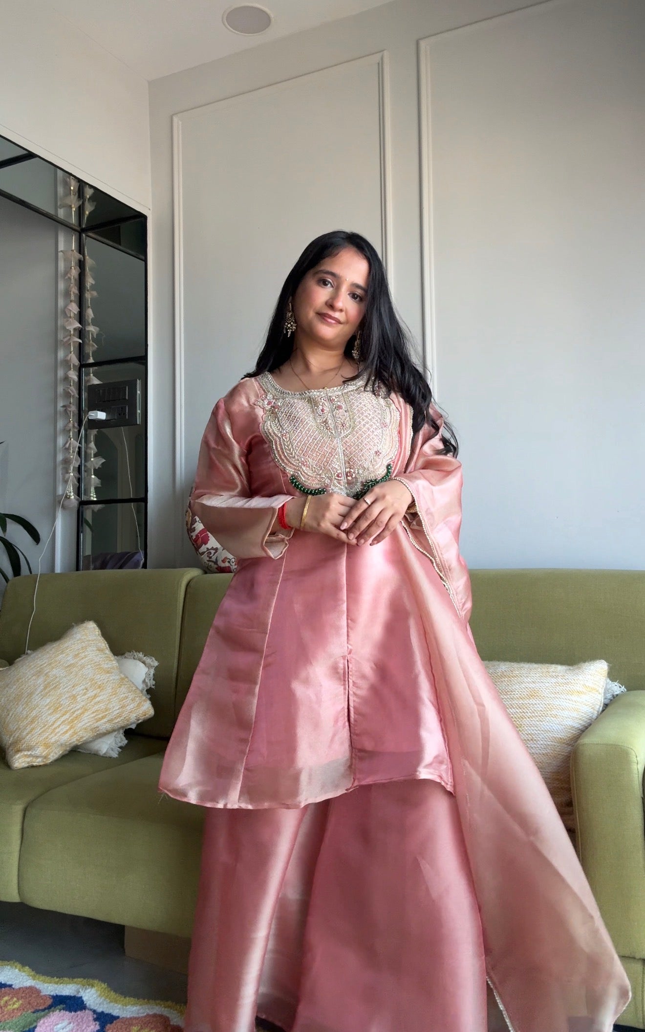 Shanaya Organza Emerald Necklaces Yoke Short Kurta With Plazzo- Baby Pink